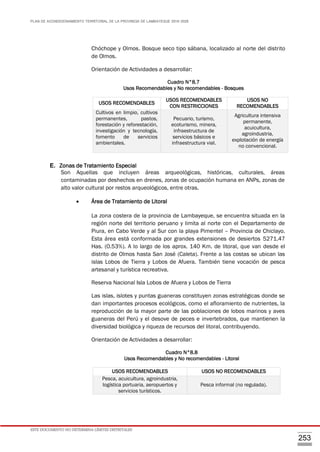 PLAN DE ACONDICIONAMIENTO TERRITORIAL DE LA PROVINCIA DE LAMBAYEQUE 2016-2026
ESTE DOCUMENTO NO DETERMINA LÍMITES DISTRITALES
253
Chóchope y Olmos. Bosque seco tipo sábana, localizado al norte del distrito
de Olmos.
Orientación de Actividades a desarrollar:
Cuadro N°8.7
Usos Recomendables y No recomendables - Bosques
E. Zonas de Tratamiento Especial
Son Aquellas que incluyen áreas arqueológicas, históricas, culturales, áreas
contaminadas por deshechos en drenes, zonas de ocupación humana en ANPs, zonas de
alto valor cultural por restos arqueológicos, entre otras.
 Área de Tratamiento de Litoral
La zona costera de la provincia de Lambayeque, se encuentra situada en la
región norte del territorio peruano y limita al norte con el Departamento de
Piura, en Cabo Verde y al Sur con la playa Pimentel – Provincia de Chiclayo.
Esta área está conformada por grandes extensiones de desiertos 5271.47
Has. (0.53%). A lo largo de los aprox. 140 Km. de litoral, que van desde el
distrito de Olmos hasta San José (Caleta). Frente a las costas se ubican las
islas Lobos de Tierra y Lobos de Afuera. También tiene vocación de pesca
artesanal y turística recreativa.
Reserva Nacional Isla Lobos de Afuera y Lobos de Tierra
Las islas, islotes y puntas guaneras constituyen zonas estratégicas donde se
dan importantes procesos ecológicos, como el afloramiento de nutrientes, la
reproducción de la mayor parte de las poblaciones de lobos marinos y aves
guaneras del Perú y el desove de peces e invertebrados, que mantienen la
diversidad biológica y riqueza de recursos del litoral, contribuyendo.
Orientación de Actividades a desarrollar:
Cuadro N°8.8
Usos Recomendables y No recomendables - Litoral
USOS RECOMENDABLES
USOS RECOMENDABLES
CON RESTRICCIONES
USOS NO
RECOMENDABLES
Cultivos en limpio, cultivos
permanentes, pastos,
forestación y reforestación,
investigación y tecnología,
fomento de servicios
ambientales.
Pecuario, turismo,
ecoturismo, minera,
infraestructura de
servicios básicos e
infraestructura vial.
Agricultura intensiva
permanente,
acuicultura,
agroindustria,
explotación de energía
no convencional.
USOS RECOMENDABLES USOS NO RECOMENDABLES
Pesca, acuicultura, agroindustria,
logística portuaria, aeropuertos y
servicios turísticos.
Pesca informal (no regulada).
 