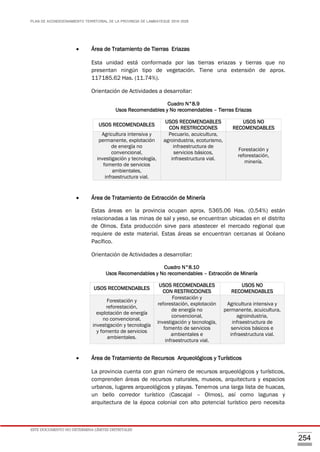 PLAN DE ACONDICIONAMIENTO TERRITORIAL DE LA PROVINCIA DE LAMBAYEQUE 2016-2026
ESTE DOCUMENTO NO DETERMINA LÍMITES DISTRITALES
254
 Área de Tratamiento de Tierras Eriazas
Esta unidad está conformada por las tierras eriazas y tierras que no
presentan ningún tipo de vegetación. Tiene una extensión de aprox.
117185.62 Has. (11.74%).
Orientación de Actividades a desarrollar:
Cuadro N°8.9
Usos Recomendables y No recomendables – Tierras Eriazas
 Área de Tratamiento de Extracción de Minería
Estas áreas en la provincia ocupan aprox. 5365.06 Has. (0.54%) están
relacionadas a las minas de sal y yeso, se encuentran ubicadas en el distrito
de Olmos. Esta producción sirve para abastecer el mercado regional que
requiere de este material. Estas áreas se encuentran cercanas al Océano
Pacífico.
Orientación de Actividades a desarrollar:
Cuadro N°8.10
Usos Recomendables y No recomendables – Extracción de Minería
 Área de Tratamiento de Recursos Arqueológicos y Turísticos
La provincia cuenta con gran número de recursos arqueológicos y turísticos,
comprenden áreas de recursos naturales, museos, arquitectura y espacios
urbanos, lugares arqueológicos y playas. Tenemos una larga lista de huacas,
un bello corredor turístico (Cascajal – Olmos), así como lagunas y
arquitectura de la época colonial con alto potencial turístico pero necesita
USOS RECOMENDABLES
USOS RECOMENDABLES
CON RESTRICCIONES
USOS NO
RECOMENDABLES
Agricultura intensiva y
permanente, explotación
de energía no
convencional,
investigación y tecnología,
fomento de servicios
ambientales,
infraestructura vial.
Pecuario, acuicultura,
agroindustria, ecoturismo,
infraestructura de
servicios básicos,
infraestructura vial.
Forestación y
reforestación,
minería.
USOS RECOMENDABLES
USOS RECOMENDABLES
CON RESTRICCIONES
USOS NO
RECOMENDABLES
Forestación y
reforestación,
explotación de energía
no convencional,
investigación y tecnología
y fomento de servicios
ambientales.
Forestación y
reforestación, explotación
de energía no
convencional,
investigación y tecnología,
fomento de servicios
ambientales e
infraestructura vial.
Agricultura intensiva y
permanente, acuicultura,
agroindustria,
infraestructura de
servicios básicos e
infraestructura vial.
 