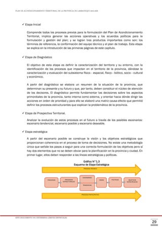 PLAN DE ACONDICIONAMIENTO TERRITORIAL DE LA PROVINCIA DE LAMBAYEQUE 2016-2026
ESTE DOCUMENTO NO DETERMINA LÍMITES DISTRITALES.
29
 Etapa Inicial
Comprende todos los procesos previos para la formulación del Plan de Acondicionamiento
Territorial, implica generar las acciones operativas y los acuerdos políticos para la
formulación y gestión del plan; y se logran tres productos importantes como son: los
términos de referencia, la conformación del equipo técnico y el plan de trabajo. Esta etapa
se explica en la introducción de las primeras páginas de este capítulo.
 Etapa de Diagnóstico
El objetivo de esta etapa es definir la caracterización del territorio y su entorno, con la
identificación de los procesos que impactan en el territorio de la provincia, dándose la
caracterización y evaluación del subsistema físico - espacial, físico - biótico, socio - cultural
y económico.
A partir del diagnóstico se elabora un resumen de la situación de la provincia, que
determinan su presente y su futuro y que, por tanto, deben constituir el núcleo de atención
de los decisores. El diagnóstico permite fundamentar las decisiones sobre los aspectos
primordiales de la provincia, tanto interna como externa, y orientar hacia dónde dirigir las
acciones en orden de prioridad y para ello se elaboró una matriz causa-efecto que permitió
definir los procesos estructurantes que explican la problemática de la provincia.
 Etapa de Prospectiva Territorial.
Analizar la evolución de estos procesos en el futuro a través de los posibles escenarios:
escenario tendencial, escenario posible y escenario deseable.
 Etapa estratégica
A partir del escenario posible se construye la visión y los objetivos estratégicos que
proporcionan coherencia en el proceso de toma de decisiones. No existe una metodología
única que señale los pasos a seguir para una correcta formulación de los objetivos pero sí
hay dos elementos que no se deben obviar para la planificación en la provincia y ciudad. En
primer lugar, ellos deben responder a las líneas estratégicas y políticas.
Gráfico N°1.3
Esquema de Etapa Estratégica
PROCESOS PROCESOS
ESTRUCTURALES
TENDENCIAS
OBJETIVOS
ESTRATÉGICOS
ESCENARIOS
VISION POLÍTICAS
PROCESO TÉCNICO
PROCESO PARTICIPATIVO
 