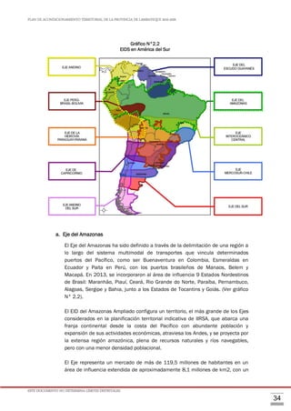 PLAN DE ACONDICIONAMIENTO TERRITORIAL DE LA PROVINCIA DE LAMBAYEQUE 2016-2026
ESTE DOCUMENTO NO DETERMINA LÍMITES DISTRITALES.
34
Gráfico N°2.2
EIDS en América del Sur
a. Eje del Amazonas
El Eje del Amazonas ha sido definido a través de la delimitación de una región a
lo largo del sistema multimodal de transportes que vincula determinados
puertos del Pacífico, como ser Buenaventura en Colombia, Esmeraldas en
Ecuador y Paita en Perú, con los puertos brasileños de Manaos, Belem y
Macapá. En 2013, se incorporaron al área de influencia 9 Estados Nordestinos
de Brasil: Maranhão, Piauí, Ceará, Rio Grande do Norte, Paraíba, Pernambuco,
Alagoas, Sergipe y Bahia, junto a los Estados de Tocantins y Goiás. (Ver gráfico
N° 2.2).
El EID del Amazonas Ampliado configura un territorio, el más grande de los Ejes
considerados en la planificación territorial indicativa de IIRSA, que abarca una
franja continental desde la costa del Pacífico con abundante población y
expansión de sus actividades económicas, atraviesa los Andes, y se proyecta por
la extensa región amazónica, plena de recursos naturales y ríos navegables,
pero con una menor densidad poblacional.
El Eje representa un mercado de más de 119,5 millones de habitantes en un
área de influencia extendida de aproximadamente 8,1 millones de km2, con un
 