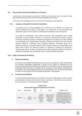 PLAN DE ACONDICIONAMIENTO TERRITORIAL DE LA PROVINCIA DE LAMBAYEQUE 2016-2026
ESTE DOCUMENTO NO DETERMINA LÍMITES DISTRITALES
53
4.2. Estructuración Actual de los Distritos en la Provincia
La estructura urbana actual se analiza en función de la jerarquía, roles, funciones y flujos
socio-económicos que se dan entre los centros poblados de la misma.
La Provincia de Lambayeque cuenta con 35 Centros Poblados y 512 Caseríos.
4.2.1. Jerarquía y Articulación Funcional de los Distritos
La jerarquía de los centros poblados de la Provincia se ha definido en función del
tamaño poblacional de éstos y está ligado a la importancia de las actividades que
desarrollan según el Censo 2007 y la clasificación del Sistema Urbano Nacional.
La ciudad de Lambayeque, como capital provincial, está considerada como ciudad
intermedia y ofrece diversos servicios a la provincia: administración política, sistema
financiero, educación superior, transporte de pasajeros y de carga, entre otros. Motupe
es considerada como Ciudad Menor Principal, mientras que Olmos, San José, Túcume,
Jayanca, Mochumí y Mórrope como Ciudades Menores, concentran parte de la
producción agrícola y recursos turísticos; Illimo, Pacora y Salas son consideradas como
Villas, Illimo cuenta con potencial turístico, en general la cantidad de productos y
servicios que ofrecen es baja a comparación del resto de distritos. Debido al número su
población, Chóchope está considerado como un Centro Poblado Elemental.
4.2.2. Roles y Funciones de los Distritos
a. Roles de los Distritos
Los roles de las capitales de distritos de la provincia de Lambayeque, están relacionados
con aquellas actividades económicas a través de las cuales se relacionan con su
entorno, generando flujos económicos mediante su articulación hacia los mercados más
accesibles. Estos roles son el resultado de las ventajas y/o desventajas comparativas y
competitivas de las actividades económicas fundamentales, que les permite articularse
en mayor o menor grado con los mercados adyacentes o más lejanos.
b. Funciones de los Distritos
La función distrital está dada por la actividad en la que se desempeña el mayor número
de habitantes del distrito, en forma de bienes y servicios, en beneficio de su territorio, o
de otros distritos, en el ámbito provincial o regional.
Cuadro N°4.6
Estructuración Actual de los Distritos en la Provincia
Distrito Rango Jerárquico
Poblaci
ón
2015
Rol Función Tipología Económica
Lambayequ
e
6to.
Ciudad
intermedi
a Principal
58564
Ciudad
Intermedia
Principal –
Predominancia
Industrial,
servicios,
comercio y
turismo.
Centro de Servicios
(Político, Educativo,
Industrial, Turístico,
y Recreativo) y
apoyo al área
Metropolitana y
Provincial.
Comercio al por menor (17%), %),
Transporte almacenamiento. Y
comunicaciones (11.9%) enseñanza
10.6%) Agricultura, ganadería, caza y
silvicultura (9.3%), construcción (8%)
%), industrias manufactureras (7.4%)
admin.pub. y defensa; seguro. Social
afiliado (5.7%) Actividades Econ. No
Especificadas (5.7%) actividad.
Inmobiliarias., empres. Y alquileres
(5.1%)
 