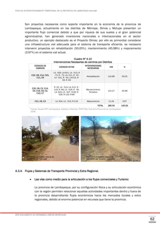 PLAN DE ACONDICIONAMIENTO TERRITORIAL DE LA PROVINCIA DE LAMBAYEQUE 2016-2026
ESTE DOCUMENTO NO DETERMINA LÍMITES DISTRITALES
62
Son proyectos necesarios como soporte importante en la economía de la provincia de
Lambayeque, actualmente en los distritos de Mórrope, Olmos y Motupe presentan un
importante flujo comercial debido a que por riqueza de sus suelos y el gran potencial
agroindustrial, han generado inversiones nacionales e internacionales en el sector
productivo, un ejemplo destacado es el Proyecto Olmos; por ello es primordial considerar
una infraestructura vial adecuada para el sistema de transporte eficiente, es necesario
intervenir proyectos en rehabilitación (50,05%), mantenimiento (45.98%) y mejoramiento
(3.97%) en el sistema vial actual.
Cuadro Nº 4.10
Intervenciones Necesarias de caminos por Distritos
CODIGOS DE
CAMINOS
CODIGOS RUTAS
INTERVENCIONES
NECESARIAS
KM %
C22, C8, C14, C23,
C11, C6
LA - 500, LA-501, LA - 513, R
- 73, R - 72, LA- 511, R - 67,
LA - 531, R - 50, LA-513, R-
63, R -64
Rehabilitación 142.89 50.05
C20, C8, C2, C14,
C5, C16, C9, C3,
C10, C7
R -22, LA - 514, LA- 512, R -
119, R- 68, LA - 526, R - 95,
LA- 503, LA - 507, R-58, R-
526, R-133, R-80
Mantenimiento
Periódico
131.27 45.98
C21, C6, C3 LA- 504, LA - 515, R-116 Mejoramiento 11.34 3.97
TOTAL 285.50 100.00
Fuente: Equipo PAT Lambayeque, Salidas a Distritos, PVPP Plan Vial de la Provincia de Lambayeque
2008.
4.3.4. Flujos y Sistemas de Transporte Provincial y Extra Regional.
 Las vías como medio para la articulación a los flujos comerciales y Turismo:
La provincia de Lambayeque, por su configuración física y su articulación económica
con la región permiten relacionar aquellas actividades importantes dentro y fuera de
la provincia desarrollando flujos económicos hacia los mercados locales y extra
regionales, debido al enorme potencial en recursos que tiene la provincia.
FOTO N°4.4 CAMINO HACIA EL
DISTRITO DE TUCUME
FOTO N°4.5 CAMINO HACIA EL
DISTRITO DE OLMOS - JULIANA
 