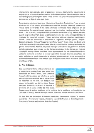 PLAN DE ACONDICIONAMIENTO TERRITORIAL DE LA PROVINCIA DE LAMBAYEQUE 2016-2026
ESTE DOCUMENTO NO DETERMINA LÍMITES DISTRITALES
70
intensamente aprovechadas para el pastoreo y ramoneo trashumante. Mayormente la
vegetación se incrementa por la presencia de lluvias veraniegas. Las tierras aptas para la
actividad agropecuaria alejadas de los valles, pueden ser aprovechadas económicamente
siempre que se dote de agua para riego.
Se considera, asimismo, la zona de vida matorral desértico - Tropical (md-T) que se ubica
entre los 150 y 350 msnm., y comprende los distritos de Salas y Motupe. Presenta un
relieve plano en el fondo de los valles aluviales e inclinado hasta empinado en los
piedemontes. Se caracteriza por presentar una temperatura media anual que fluctúa
entre 23.5ºC y 24.9ºC y una precipitación pluvial total anual entre 100 y 200mm, excepto
cuando se presenta el FEN. Existe un déficit de humedad del suelo, correspondiéndole la
provincia de humedad perárido. Existen especies arbóreas aisladas constituyendo
rodales. Entre las principales se encuentra el “algarrobo” Prosopis pallida, “sapote”
Capparis angulata, “bichayo” Capparis ovaleiffolia, “overo” Cordia lutea, etc. Existe una
cactácea que caracteriza a esta zona de vida, de porte columnar grueso y prismático del
género Neoraimondia. Además, se puede distinguir una cubierta de gramíneas de corte
periodo vegetativo, que emerge con las lluvias veraniegas. En las tierras con riego se
cultiva pan llevar y frutales tropicales. Están representadas por los valles medios del río
La Leche; asimismo, se incluye la cuenca baja del río Cascajal. En áreas aledañas a los
valles agrícolas, se puede desarrollar la actividad agropecuaria en forma permanente y
económicamente rentable si se dota de agua de regadío. Estas zonas de vida se aprecian
en el Mapa N° 21.
d. Área de Bosques
Esta superficie territorial está caracterizada por
la presencia de vegetación de poca altura, pero
distribuida en forma densa, cuyo potencial
forestal está favorecido por el clima y suelo,
siendo importante además por su ubicación en
las nacientes de los ríos. Los bosques que
existen en la región son de tres tipos: Bosque
seco ralo de llanura, localizado al norte de la
provincia, en la parte media del Río Salas;
Bosque seco de colina, localizado en la vertiente de la cordillera, en los distritos de
Chóchope y Olmos; y Bosque seco tipo sábana, localizado al norte del distrito de Olmos.
En esta área se encuentran el desierto desecado- Premontano Tropical, el desierto
superárido – Premontano Tropical, el desierto superárido-Tropical, el desierto perárido –
Premontano Tropical, y el matorral desértico-Tropical.
FOTO N°4.16 BOQUES DISTRITO DE PACORA
 