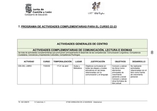 Consejería de Educación
Tlf.: 923 208479 C/ Cabrerizos, 3 37188 CARBAJOSA DE LA SAGRADA (Salamanca).
8
7. PROGRAMA DE ACTIVIDADES COMPLEMENTARIAS PARA EL CURSO 22-23
ACTIVIDAD CURSO TEMPORALIZACIÓN LUGAR JUSTIFICACIÓN OBJETIVOS DESARROLLO
DÍA DEL LIBRO TODOS 17-21 de abril Aulas y
Biblioteca
Objetivos curriculares en
todas las etapas y niveles
educativos en las áreas
relacionadas con la
comunicación y el lenguaje.
Conocer y valorar
los libros como
elementos
principales de
crecimiento
personal y social.
Conocer y valorar
otros formatos de
libro actual.
Se realizarán
actividades
relacionadas con el
libro como fuente
de crecimiento
personal.
ACTIVIDADES GENERALES DE CENTRO
ACTIVIDADES COMPLEMENTARIAS DE COMUNICACIÓN, LECTURA E IDIOMAS
Se trata de actividades complementarias que promueven principalmente el desarrollo de las competencias: Comunicación Lingüística, Competencia
Ciudadana, Conciencia y Expresiones Culturales, Competencia Plurilingüe.
 