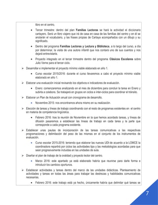6
vienen al centro a contar cuentos navideños.
Segundo trimestre: actividad dentro del programa Familias Lectoras en la cual se
anunciarán tres cuentos durante una semana , los niños y niñas decidirán a cuál asistir y
sacarán su entrada, pasada la semana acudirán al lugar y hora en los que se contarán los
cuentos.
23 de Abril: actividad dentro del programa Familias Lectoras, se organizará una feria del
libro en el centro.
Tercer trimestre: dentro del plan Familias Lectoras se hará la actividad el diccionario
cartayero. Será un libro viajero que irá de casa en casa de las familias del centro y en él se
anotarán el vocabulario, y las frases propias de Cartaya acompañados con un dibujo y su
significado.
Dentro del programa Familias Lectoras y Lectura y Biblioteca, a lo largo del curso, a día
por determinar, la visita de una autora infantil que nos contará uno de sus cuentos y nos
dejará entrevistarla.
Proyecto integrado en el tercer trimestre dentro del programa Clásicos Escolares sobre
Julio Verne para el tercer ciclo.
 Desarrollar e implementar el proyecto mínimo viable elaborado en año 1.
Curso escolar 2015/2016: durante el curso llevaremos a cabo el proyecto mínimo viable
elaborado en año 1.
 Elaborar una evaluación inicial revisando los objetivos e indicadores de evaluación.
Enero: comenzaremos analizando en el mes de diciembre para concluir la tarea en Enero y
subirla a colabora. Se trabajará en grupos en ciclos e inter-ciclos para coordinar el tránsito.
 Elaborar un Plan de Actuación anual con cronograma de desarrollo.
Noviembre 2015: nos encontramos ahora mismo en su realización.
 Elección de tareas y líneas de trabajo coordinando con el resto de programas existentes en el centro
en materia de competencia lingüística.
Febrero 2016: tras la reunión de Noviembre en la que hemos acordado tareas, y líneas de
difusión pasaremos a establecer las líneas de trabajo en cada tarea y la parte que
corresponde a cada programa existente.
 Establecer unas pautas de incorporación de las tareas comunicativas a las respectivas
programaciones y delimitación del peso de las mismas en el conjunto de los instrumentos de
evaluación.
Curso escolar 2015-2016: teniendo que elaborar las nuevas UDI de acuerdo a la LOMCE la
coordinadora repartirá por ciclos las actividades tipo y las metodologías acordadas para que
sean progresivamente incluidas en las unidades de aula.
 Diseñar el plan de trabajo de la oralidad y proyecto lector del centro.
Marzo 2016: este apartado ya está elaborado habría que reunirse para darle forma e
introducir los cambios oportunos.
 