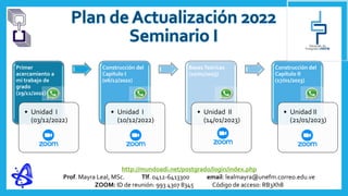 Primer
acercamiento a
mi trabajo de
grado
(29/11/2022)
• Unidad I
(03/12/2022)
Construcción del
Capítulo I
(06/12/2022)
• Unidad I
(10/12/2022)
BasesTeóricas
(10/01/2023)
• Unidad II
(14/01/2023)
Construcción del
Capítulo II
(17/01/2023)
• Unidad II
(21/01/2023)
http://mundoadi.net/postgrado/login/index.php
Prof. Mayra Leal, MSc. Tlf. 0412-6413300 email: lealmayra@unefm.correo.edu.ve
ZOOM: ID de reunión: 993 4307 8345 Código de acceso: RB3Xh8
 