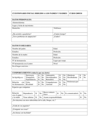 CUESTIONARIO INICIAL DIRIGIDO A LOS PADRES Y MADRES CURSO 2009/10
DATOS PERSONALES:
Alumno/alumna:
Lugar y fecha de nacimiento:
Domicilio: Teléfonos:
¿Ha asistido a guarderías? ¿Cuánto tiempo?
¿Tuvo problemas de adaptación? ¿Cuáles?
DATOS FAMILIARES:
Nombre del padre: Edad:
Estudios Profesión.
Nombre de la madre: Edad:
Estudios Profesión
Nº de hermanos/as Lugar que ocupa
Nº hermanos/as en el centro Nivel
En el hogar conviven…
COMPORTAMIENTO (rodea lo que sea cierto)
Su hijo/hija es:
Nervioso/a
Tranquilo/a
Espontáneo/a
Sí
Sí
Sí
No
No
No
Ordenado/a
Desordenado/a
Retraído/a
Sí
Sí
Sí
No
No
No
Obediente
Desobediente
Sí
Sí
No
No
Relación con
los hermanos/as
Celos
Rivalidad
Sí
Sí
No
No
Compañerismo
Amistad
Sí
Sí
No
No
Preferencia por
Espacios que comparten
Relación
con el padre
y la madre
Dependencia Sí No
Busca contacto
físico
Sí No Es comunicador/a Sí No
Tiene rabietas Sí No Asume responsabilidades Sí No
¿Se relaciona con otros niños/niñas de la calle, bloque, etc.?
¿Cuida de sus juguetes?
¿Comparte sus cosas?
¿Se distrae con facilidad?
 