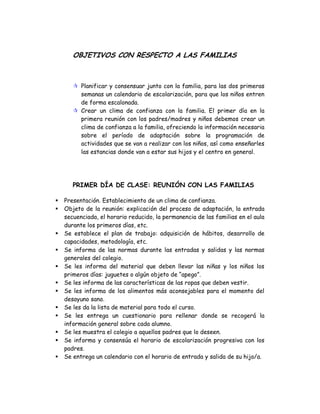 OBJETIVOS CON RESPECTO A LAS FAMILIAS
Planificar y consensuar junto con la familia, para las dos primeras
semanas un calendario de escolarización, para que los niños entren
de forma escalonada.
Crear un clima de confianza con la familia. El primer día en la
primera reunión con los padres/madres y niños debemos crear un
clima de confianza a la familia, ofreciendo la información necesaria
sobre el período de adaptación sobre la programación de
actividades que se van a realizar con los niños, así como enseñarles
las estancias donde van a estar sus hijos y el centro en general.
PRIMER DÍA DE CLASE: REUNIÓN CON LAS FAMILIAS
Presentación. Establecimiento de un clima de confianza.
Objeto de la reunión: explicación del proceso de adaptación, la entrada
secuenciada, el horario reducido, la permanencia de las familias en el aula
durante los primeros días, etc.
Se establece el plan de trabajo: adquisición de hábitos, desarrollo de
capacidades, metodología, etc.
Se informa de las normas durante las entradas y salidas y las normas
generales del colegio.
Se les informa del material que deben llevar las niñas y los niños los
primeros días: juguetes o algún objeto de “apego”.
Se les informa de las características de las ropas que deben vestir.
Se les informa de los alimentos más aconsejables para el momento del
desayuno sano.
Se les da la lista de material para todo el curso.
Se les entrega un cuestionario para rellenar donde se recogerá la
información general sobre cada alumno.
Se les muestra el colegio a aquellos padres que lo deseen.
Se informa y consensúa el horario de escolarización progresiva con los
padres.
Se entrega un calendario con el horario de entrada y salida de su hijo/a.
 