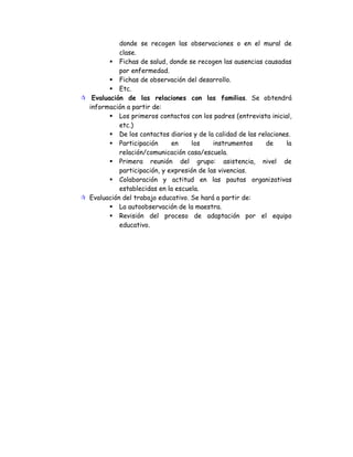 donde se recogen las observaciones o en el mural de
clase.
Fichas de salud, donde se recogen las ausencias causadas
por enfermedad.
Fichas de observación del desarrollo.
Etc.
Evaluación de las relaciones con las familias. Se obtendrá
información a partir de:
Los primeros contactos con los padres (entrevista inicial,
etc.)
De los contactos diarios y de la calidad de las relaciones.
Participación en los instrumentos de la
relación/comunicación casa/escuela.
Primera reunión del grupo: asistencia, nivel de
participación, y expresión de las vivencias.
Colaboración y actitud en las pautas organizativas
establecidas en la escuela.
Evaluación del trabajo educativo. Se hará a partir de:
La autoobservación de la maestra.
Revisión del proceso de adaptación por el equipo
educativo.
 