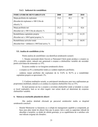 5.4.3. Indicatori de rentabilitate
INDICATORI DE RENTABILITATE 2008 2009 2010
Marja profitului de exploatare
(Rezultat de exploatare x 100/ Cifra de
afaceri); %
33,8 42,1 50
Marja profitului net
(Rezultat net x 100/ Cifra de afaceri); %
21,2 31,3 42,6
Rentabilitatea capitalului propriu
(Rezultat net x 100/Capital propriu); %
105,52 111,72 61,52
Rentabilitatea activelor totale
(Rezultat brut + dobânzi) x 100/Total active; %
73,45 78,24 68,93
5.5. Analiza de sensibilitate şi risc
Pentru analiza de sensibilitate s-au identificat următoarele scenarii:
1. Situaţia tensionată dintre Guvern şi Patronatul Cărnii poate produce o creştere cu
25%, a preţului cărnii, măsură care generează o creştere a cheltuielilor variabile ale societăţii
pentru activitatea de restauraţie cu 15%.
În aceste condiţii se vor înregistra următoarele efecte:
- o creştere cu 4% a cheltuielilor totale şi o scădere implicită a profitului;
- scăderea marjei profitului din exploatare de la 33,8% la 30,7% şi a rentabilităţii
capitalului propriu cu aproximativ 2%.
2. Conform tendinţelor actuale, se anticipează introducerea unor taxe suplimentare pe
proprietatea imobiliară, măsură ce ar conduce la creşterea cheltuielilor fixe cu 15%.
În mod automat are loc o creştere a nivelului cheltuielilor totale şi totodată va creşte
şi riscul exploatării, însă cu un efect negativ mai scăzut decât cel determinat de creşterea
cheltuielilor variabile.
6. Sinteza şi concluziile planului de afaceri
Din analiza detaliată efectuată pe parcursul următorului studiu se desprind
următoarele concluzii:
- Hotelul Montserrat va funcţiona cu o echipă de management capabilă şi competentă, pe
baza unui plan iniţial de afaceri bine pus la punct, într-o zonă cu capacitate ridicată de
absorbţie a turiştilor, cu dotări de ultimă generaţie, şi cu capabilitatea de a satisface cele
mai ridicate exigenţe ale clienţilor;
21
 