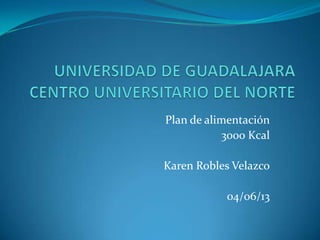 Plan de alimentación
3000 Kcal
Karen Robles Velazco
04/06/13
 