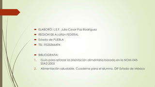  ELABORÓ: L.E.F. Julio Cesar Paz Rodríguez
 REGION 08 Acatlán FEDERAL
 Estado de PUEBLA
 TEL: 9535566494
 BIBLIOGRAFIA:
1. Guía para reforzar la orientación alimentaria basada en la NOM-043-
SSA2-2005
2. Alimentación saludable. Cuaderno para el alumno. DIF Estado de México
 