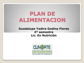 PLAN DE
ALIMENTACION
Guadalupe Yadira Godina Flores
4º semestre
Lic. En Nutrición
 