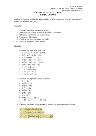 PLAN DE APOYO
ASIGNATURA ALGEBRA GRADO OCTAVO
PROFESOR HANSS GARCIA
PLAN DE APOYO DE ALGEBRA
GRADO OCTAVO
Resolver el siguiente trabajo en hojas de block con las respectivas normas, para el día 17
de abril del presenta año (2017).
Consultar:
1. Sistemas numéricos (Números Reales)
2. Definición de Sistema numérico Racional e Irracional
3. Diferentes constructos de los racionales
4. Expresiones Decimales
5. Clasificación de expresiones decimales
6. Fracción generatriz de un decimal
Ejercicios:
7. Resolver los siguientes ejercicios
 (-10) + (-50) + (-20) + (+300)
 (-2) + (-2) + (+1) + (-6)
 (-5) + (+8) + (+2) + (-1)
 (+8) + (-1) + (+9) + (-5)
 (+7) + (+66) + (-8) + (+92)
 (9) + (-8) + (99) + (-8)
 6 + 9 + (-4) + (-1)
 5 + 3 + (-7) + (-6)
 4 + (-1) + 4 + (-2)
 2 + (-9) + (-2) + 8
8. Resolver las siguientes restas de enteros
 (-1) – (-3)
 (+5) – (+11)
 (+10) – (+6)
 (-7) – (-9)
 (+7) – ( -6)
 (+5) – (-9)
 (-4) – (-3)
 (+5) – (+3) – (-5) – (-2)
 (-6) – (-2) – (+3) – (-4) – (3)
9. Eliminar los signos de agrupación y resolver las sumas correspondientes
 