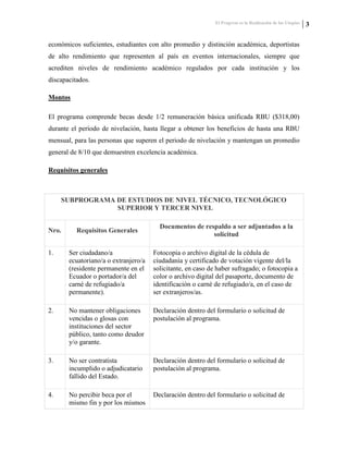 El Progreso es la Realización de las Utopías 3
económicos suficientes, estudiantes con alto promedio y distinción académica, deportistas
de alto rendimiento que representen al país en eventos internacionales, siempre que
acrediten niveles de rendimiento académico regulados por cada institución y los
discapacitados.
Montos
El programa comprende becas desde 1/2 remuneración básica unificada RBU ($318,00)
durante el periodo de nivelación, hasta llegar a obtener los beneficios de hasta una RBU
mensual, para las personas que superen el periodo de nivelación y mantengan un promedio
general de 8/10 que demuestren excelencia académica.
Requisitos generales
SUBPROGRAMA DE ESTUDIOS DE NIVEL TÉCNICO, TECNOLÓGICO
SUPERIOR Y TERCER NIVEL
Nro. Requisitos Generales
Documentos de respaldo a ser adjuntados a la
solicitud
1. Ser ciudadano/a
ecuatoriano/a o extranjero/a
(residente permanente en el
Ecuador o portador/a del
carné de refugiado/a
permanente).
Fotocopia o archivo digital de la cédula de
ciudadanía y certificado de votación vigente del/la
solicitante, en caso de haber sufragado; o fotocopia a
color o archivo digital del pasaporte, documento de
identificación o carné de refugiado/a, en el caso de
ser extranjeros/as.
2. No mantener obligaciones
vencidas o glosas con
instituciones del sector
público, tanto como deudor
y/o garante.
Declaración dentro del formulario o solicitud de
postulación al programa.
3. No ser contratista
incumplido o adjudicatario
fallido del Estado.
Declaración dentro del formulario o solicitud de
postulación al programa.
4. No percibir beca por el
mismo fin y por los mismos
Declaración dentro del formulario o solicitud de
 