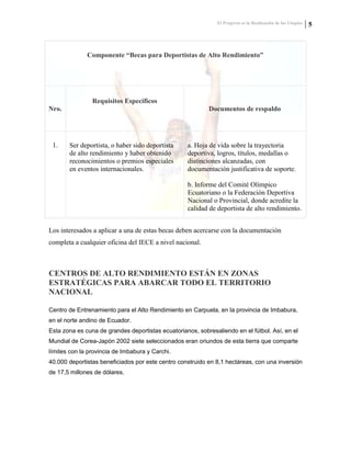 El Progreso es la Realización de las Utopías 5
Componente “Becas para Deportistas de Alto Rendimiento”
Nro.
Requisitos Específicos
Documentos de respaldo
1. Ser deportista, o haber sido deportista
de alto rendimiento y haber obtenido
reconocimientos o premios especiales
en eventos internacionales.
a. Hoja de vida sobre la trayectoria
deportiva, logros, títulos, medallas o
distinciones alcanzadas, con
documentación justificativa de soporte.
b. Informe del Comité Olímpico
Ecuatoriano o la Federación Deportiva
Nacional o Provincial, donde acredite la
calidad de deportista de alto rendimiento.
Los interesados a aplicar a una de estas becas deben acercarse con la documentación
completa a cualquier oficina del IECE a nivel nacional.
CENTROS DE ALTO RENDIMIENTO ESTÁN EN ZONAS
ESTRATÉGICAS PARA ABARCAR TODO EL TERRITORIO
NACIONAL
Centro de Entrenamiento para el Alto Rendimiento en Carpuela, en la provincia de Imbabura,
en el norte andino de Ecuador.
Esta zona es cuna de grandes deportistas ecuatorianos, sobresaliendo en el fútbol. Así, en el
Mundial de Corea-Japón 2002 siete seleccionados eran oriundos de esta tierra que comparte
límites con la provincia de Imbabura y Carchi.
40.000 deportistas beneficiados por este centro construido en 8,1 hectáreas, con una inversión
de 17,5 millones de dólares.
 