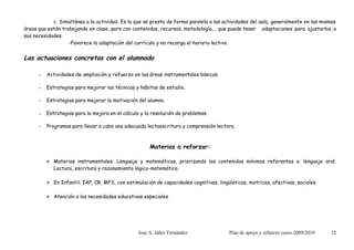 c. Simultánea a la actividad. Es la que se presta de forma paralela a las actividades del aula, generalmente en las mismas
áreas que están trabajando en clase, pero con contenidos, recursos, metodología,… que puede tener adaptaciones para ajustarlos a
sus necesidades.
                   -Favorece la adaptación del currículo y no recarga el horario lectivo.


Las actuaciones concretas con el alumnado

      –   Actividades de ampliación y refuerzo en las áreas instrumentales básicas.

      –   Estrategias para mejorar las técnicas y hábitos de estudio.

      –   Estrategias para mejorar la motivación del alumno.

      –   Estrategias para la mejora en el cálculo y la resolución de problemas.

      –   Programas para llevar a cabo una adecuada lectoescritura y comprensión lectora.



                                                      Materias a reforzar:

           Materias instrumentales: Lenguaje y matemáticas, priorizando los contenidos mínimos referentes a: lenguaje oral.
            Lectura, escritura y razonamiento lógico-matemático.

           En Infantil: IAP, CR, MFS, con estimulación de capacidades cognitivas, lingüísticas, motrices, afectivas, sociales.

           Atención a las necesidades educativas especiales.




                                                 Jose A. Iáñez Fernández                 Plan de apoyo y refuerzo curso 2009/2010   12
 