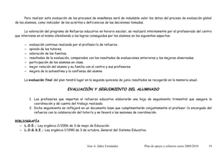 Para realizar esta evaluación de los procesos de enseñanza será de indudable valor los datos del proceso de evaluación global
de los alumnos, como indicador de los aciertos o deficiencias de las decisiones tomadas.

       La valoración del programa de Refuerzo educativo en horario escolar, se realizará internamente por el profesorado del centro
que interviene en el mismo atendiendo a los logros conseguidos por los alumnos en los siguientes aspectos:

      –   evaluación continua realizada por el profesor/a de refuerzo.
      –   opinión de los tutores.
      –   valoración de las familias.
      –   resultados de la evaluación, comparados con los resultados de evaluaciones anteriores y las mejoras observadas.
      –   participación de los alumnos en clase.
      –   mejor relación del alumno y su familia con el centro y sus profesores.
      –   mejora de la autoestima y la confianza del alumno

      La evaluación final del plan tendrá lugar en la segunda quincena de junio resultados se recogerán en la memoria anual.

                                   EVALUACIÓN Y SEGUIMIENTO DEL ALUMNADO

          1. Los profesores que impartan el refuerzo educativo elaborarán una hoja de seguimiento trimestral que asegure la
             coordinación y dé cuenta del trabajo realizado.
          2. Dicho seguimiento se reflejará en un documento base que cumplimentarán conjuntamente el profesor /a encargado del
             refuerzo con la colaboración del tutor/a y se llevará a las sesiones de coordinación.

BIBLIOGRAFÍA
   – L.O.E.; Ley orgánica 2/2006 de 3 de mayo de Educación.
   – L.O.G.S.E.; Ley orgánica 1/1990 de 3 de octubre, General del Sistema Educativo.




                                                Jose A. Iáñez Fernández                Plan de apoyo y refuerzo curso 2009/2010   19
 