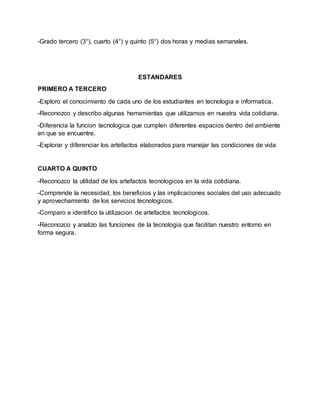 -Grado tercero (3°), cuarto (4°) y quinto (5°) dos horas y medias semanales.
ESTANDARES
PRIMERO A TERCERO
-Exploro el conocimiento de cada uno de los estudiantes en tecnologia e informatica.
-Reconozco y describo algunas herramientas que utilizamos en nuestra vida cotidiana.
-Diferencia la funcion tecnologica que cumplen diferentes espacios dentro del ambiente
en que se encuentre.
-Explorar y diferenciar los artefactos elaborados para manejar las condiciones de vida
CUARTO A QUINTO
-Reconozco la utilidad de los artefactos tecnologicos en la vida cotidiana.
-Comprende la necesidad, los beneficios y las implicaciones sociales del uso adecuado
y aprovechamiento de los servicios tecnologicos.
-Comparo e identifico la utilizacion de artefactos tecnologicos.
-Reconozco y analizo las funciones de la tecnologia que facilitan nuestro entorno en
forma segura.
 