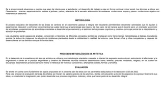 Se le proporcionará situaciones y eventos que sean de interés para el estudiante y el desarrollo del trabajo ya sea en forma continua o nivel social. Las técnicas a utilizar son:
Observación directas, experimentación, salidas a jardines, patios y alrededor de la escuela, elaboración de carteleras, confeccionar mapas y planos, confeccionar objetos con
materiales de desechos.
METODOLOGÍA
El proceso educativo del desarrollo de las áreas se centrara en el crecimiento gradual e integral del estudiante permitiéndole desarrollar actividades que le ayudan a
experimentar, descubrir y confrontar conocimientos los cuales harán que el aprendizaje sea mayor y de más valor, de tal manera que el docente será un orientador y promotor
de actividades y experiencias de aprendizaje orientadas a desarrollar el pensamiento y el estimulo de los proceso cognitivos y creativos como eje central de la interpretación y
solución de problemas.
Los estudiantes serán capaces de analizar, comprender e interpretar los diferentes conceptos; también se emplearan como herramientas metodológicas el dialogo, los saberes
previos, la lectura de imágenes, la solución de problemas planteados desde la cotidianidad o realidad del entorno, para formar niños y niñas competentes y capaces de
desenvolverse en los distintos campos de la vida diaria.
PROCESOS METODOLÓGICOS DE ARTÍSTICA
En el desarrollo de la enseñanza del área de artística se utilizara una metodología orientada a respetar la libertad de expresión socio-cultural, estimulando la efectividad y la
originalidad a través de la practica espontánea y creativa de diferentes técnicas artísticas desarrolladas como: rellenos, pinturas, modelado, rasgado, en los cuales los
educandos desarrollaran procesos sensorio motriz e intelectual del individuo conociendo y afianzando colores, formas y tamaños.
EVALUACION
Se tendrá en cuenta como fundamento los logros propuestos en el presente plan de áreas con los parámetros estipulados en la resolución 0230 del 2002.
Para este proceso de evaluación del área de artística se miraran los saberes previos de los alumnos, donde a él educando se le dan los espacios de expresar libremente sus
ideas, su creatividad e imaginación para poder desarrollar sus procesos cognitivos, motores y otros que hacen parte de su desarrollo integral.
 
