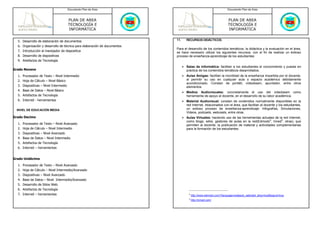 Documento Plan de Área                                                     Documento Plan de Área



                                       PLAN DE AREA                                                                PLAN DE AREA
                                       TECNOLOGÍA E                                                                TECNOLOGÍA E
                                       INFORMÁTICA                                                                 INFORMÁTICA


  5. Desarrollo de elaboración de documentos                               11.   RECURSOS DIDÁCTICOS.

  6. Organización y desarrollo de técnica para elaboración de documentos
                                                                           Para el desarrollo de los contenidos temáticos, la didáctica y la evaluación en el área,
  7. Introducción al manejador de diapositiva                              se hace necesario utilizar los siguientes recursos, con el fin de realizar un éxitoso
  8. Desarrollo de diapositivas                                            proceso de enseñanza-aprendizaje de los estudiantes:
  9. Artefactos de Tecnología
                                                                                 Salas de Informática: facilitan a los estudiantes el conocimiento y puesta en
Grado Noveno                                                                     práctica de los contenidos temáticos desarrollados.
  1. Procesador de Texto – Nivel Intermedio                                      Aulas Amigas: facilitan la movilidad de la enseñanza impartida por el docente,
  2. Hoja de Cálculo – Nivel Básico                                              al permitir su uso en cualquier aula o espacio académico debidamente
                                                                                 acondicionado. Constan de portátil, videobeam, apuntador, entre otros
  3. Diapositivas – Nivel Intermedio                                             elementos.
  4. Base de Datos – Nivel Básico
                                                                                 Medios Audiovisuales: concretamente el uso del videobeam como
  5. Artefactos de Tecnología                                                    herramienta de apoyo al docente, en el desarrollo de su labor académica.
  6. Internet - herramientas                                                     Material Audiovisual: constan de contenidos normalmente disponibles en la
                                                                                 red Internet, relacionados con el área, que facilitan al docente y los estudiantes,
 NIVEL DE EDUCACIÓN MEDIA                                                        un exitoso proceso de enseñanza-aprendizaje: Infografías, Simulaciones,
                                                                                 Videos, podcasts, webcasts, entre otras.
Grado Decimo                                                                     Aulas Virtuales: haciendo uso de las herramientas actuales de la red Internet,
                                                                                 como blogs, wikis, gestores de aulas en la red(Edmodo4, Inned5, otras), que
  1. Procesador de Texto – Nivel Avanzado                                        permiten al docente, la publicación de material y actividades complementarias
  2. Hoja de Cálculo – Nivel Intermedio                                          para la formación de los estudiantes.
  3. Diapositivas – Nivel Avanzado
  4. Base de Datos – Nivel Intermedio
  5. Artefactos de Tecnología
  6. Internet – herramientas


Grado Undécimo

  1. Procesador de Texto – Nivel Avanzado
  2. Hoja de Cálculo – Nivel Intermedio/Avanzado
  3. Diapositivas – Nivel Avanzado
  4. Base de Datos – Nivel Intermedio/Avanzado
  5. Desarrollo de Sitios Web.
  6. Artefactos de Tecnología
  7. Internet – herramientas                                                       4
                                                                                       http://www.edmodo.com/?language=es&auto_selected_lang=true&logout=true
                                                                                   5
                                                                                       http://inined.com/
 