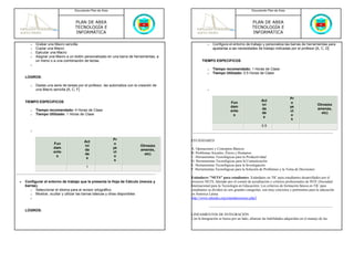 Documento Plan de Área                                                                           Documento Plan de Área



                                   PLAN DE AREA                                                                                     PLAN DE AREA
                                   TECNOLOGÍA E                                                                                     TECNOLOGÍA E
                                   INFORMÁTICA                                                                                      INFORMÁTICA

       o   Grabar una Macro sencilla                                                                 o   Configura el entorno de trabajo y personaliza las barras de herramientas para
       o   Copiar una Macro                                                                              ajustarlas a las necesidades de trabajo indicadas por el profesor [A, C, D]
       o   Ejecutar una Macro
       o   Asignar una Macro a un botón personalizado en una barra de herramientas, a
           un menú o a una combinación de teclas.                                                TIEMPO ESPECIFICOS
       o
                                                                                                     o   Tiempo recomendado: 1 Horas de Clase
                                                                                                     o   Tiempo Utilizado: 0.5 Horas de Clase
    LOGROS:

       o   Dadas una serie de tareas por el profesor, las automatiza con la creación de
           una Macro sencilla [A, C, F]                                                              o


                                                                                                                                                               Pr
    TIEMPO ESPECIFICOS                                                                                                                     Act
                                                                                                                     Fun                                       o
                                                                                                                                           ivi                                     Otros(ex
                                                                                                                     dam                                       ye
       o   Tiempo recomendado: 4 Horas de Clase                                                                                            da                                      amenes,
                                                                                                                     ento                                      ct
       o   Tiempo Utilizado: 1 Horas de Clase                                                                                              de                                        etc)
                                                                                                                      s                                        o
                                                                                                                                            s
                                                                                                                                                                s
                                                                                                                                           0.5
       o

                                                            Pr                            ESTÁNDARES
                                         Act
                      Fun                                   o
                                         ivi                                Otros(ex
                      dam                                   ye                            A. Operaciones y Conceptos Básicos
                                         da                                 amenes,
                      ento                                  ct                            B. Problemas Sociales, Éticos y Humanos
                                         de                                   etc)
                       s                                    o                             C. Herramientas Tecnológicas para la Productividad
                                          s
                                                             s                            D. Herramientas Tecnológicas para la Comunicación
                                          1                                               E. Herramientas Tecnológicas para la Investigación
                                                                                          F. Herramientas Tecnológicas para la Solución de Problemas y la Toma de Decisiones

                                                                                          Estándares "NETS" para estudiantes- Estándares en TIC para estudiantes desarrollados por el
•   Configurar el entorno de trabajo que le presenta la Hoja de Cálculo (menús y          proyecto NETS, liderado por el comité de acreditación y criterios profesionales de ISTE (Sociedad
    barras).                                                                              Internacional para la Tecnología en Educación). Los criterios de formación básica en TIC para
       o Seleccionar el idioma para el revisor ortográfico                                estudiantes se dividen en seis grandes categorías, son muy concretos y pertinentes para la educación
       o Mostrar, ocultar y utilizar las barras básicas y otras disponibles               en América Latina.
       o                                                                                  http://www.eduteka.org/estandaresestux.php3


    LOGROS:
                                                                                          LINEAMIENTOS DE INTEGRACIÓN
                                                                                          Con la Integración se busca por un lado, afianzar las habilidades adquiridas en el manejo de las
 