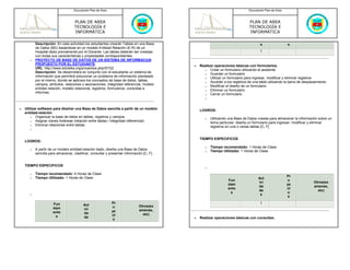 Documento Plan de Área                                                                   Documento Plan de Área



                                    PLAN DE AREA                                                                             PLAN DE AREA
                                    TECNOLOGÍA E                                                                             TECNOLOGÍA E
                                    INFORMÁTICA                                                                              INFORMÁTICA

           Descripción: En esta actividad los estudiantes crearán Tablas en una Base                                                s                 s
           de Datos (BD) basándose en un modelo Entidad Relación (E-R) de un
           Hospital dado previamente por el Docente. Las tablas deberán ser creadas                                                 1
           con todas sus características y propiedades correspondientes.
       o   PROYECTO DE BASE DE DATOS DE UN SISTEMA DE INFORMACIóN
           PROPUESTO POR EL ESTUDIANTE                                                     •   Realizar operaciones básicas con formularios.
           URL: http://www.eduteka.org/proyectos.php/5/722                                       o Crear un formulario utilizando el asistente
           Descripción: Se desarrollara en conjunto con el estudiante un sistema de              o Guardar un formulario
           información que permitirá solucionar un problema de información planteado             o Utilizar un formulario para ingresar, modificar y eliminar registros
           por el mismo, donde se aplicara los conceptos de base de datos, tablas,               o Acceder a los registros de una tabla utilizando la barra de desplazamiento
           campos, atributos, relaciones o asociaciones, integridad referencial, modelo          o Modificar el diseño de un formulario
           entidad relación, modelo relacional, registros, formularios, consultas e              o Eliminar un formulario
           informes.                                                                             o Cerrar un formulario
                                                                                                  o


•   Utilizar software para diseñar una Base de Datos sencilla a partir de un modelo            LOGROS:
    entidad-relación
        o Organizar la base de datos en tablas, registros y campos
                                                                                                  o   Utilizando una Base de Datos creada para almacenar la información sobre un
        o Asignar claves foráneas (relación entre tablas / integridad referencial)
                                                                                                      tema particular, diseña un formulario para ingresar, modificar y eliminar
        o Eliminar relaciones entre tablas
                                                                                                      registros en una o varias tablas [C, F]
       o


                                                                                               TIEMPO ESPECIFICOS
    LOGROS:
                                                                                                  o   Tiempo recomendado: 1 Horas de Clase
       o   A partir de un modelo entidad-relación dado, diseña una Base de Datos                  o   Tiempo Utilizado: 1 Horas de Clase
           sencilla para almacenar, clasificar, consultar y presentar información [C, F]


    TIEMPO ESPECIFICOS
                                                                                                  o

       o   Tiempo recomendado: 4 Horas de Clase
           Tiempo Utilizado: 1 Horas de Clase                                                                                                         Pr
       o                                                                                                                           Act
                                                                                                                Fun                                   o
                                                                                                                                   ivi                               Otros(ex
                                                                                                                dam                                   ye
                                                                                                                                   da                                amenes,
                                                                                                                ento                                  ct
                                                                                                                                   de                                  etc)
                                                                                                                 s                                    o
       o                                                                                                                            s
                                                                                                                                                       s

                      Fun                                    Pr                                                                     1
                                          Act                                  Otros(ex
                      dam                                    o
                                          ivi                                  amenes,
                      ento                                   ye
                                          da                                     etc)
                       s                                     ct
                                          de                                               •   Realizar operaciones básicas con consultas.
                                                             o
 