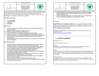 Documento Plan de Área                                                                                     Documento Plan de Área



                                            PLAN DE AREA                                                                                              PLAN DE AREA
                                            TECNOLOGÍA E                                                                                              TECNOLOGÍA E
                                            INFORMÁTICA                                                                                               INFORMÁTICA

herramientas informáticas y por el otro,facilitar, mejorar o profundizar, con el uso significativo de las      •   El tiempo destinado a los proyectos se debe fraccionar en etapas. Por ejemplo,
TIC, el aprendizaje en otras asignaturas. Es necesario dar a la integración un propósito y unos                    diseño del modelo de datos, diseño de la Base de Datos, diseño de consultas,
objetivos claros, para lograr una mejoría real en el aprendizaje y la comprensión de temas que sean                diseño de formularios, etc.
fundamentales en las asignaturas seleccionadas para realizarla.                                                •   Cuando se almacenen imágenes en una Base de Datos, es muy importante que
                                                                                                                   estas se optimicen previamente para no sobrecargar el SGBD.
MATERIAS SUGERIDAS:

   •   Ciencias Sociales
   •   Ciencias Naturales                                                                                   LECTURAS:
   •   Estadística
   •   Contabilidad                                                                                         La aplicación de Access: preguntas y respuestas - Artículo que muestra, mediante un ejemplo
                                                                                                            sencillo, la utilización de Bases de Datos para manejar gran cantidad de información. Con ellas, se
PRODUCTOS:                                                                                                  pueden responder preguntas creando Consultas con las que se ordenan y/o seleccionan datos. El
                                                                                                            ejemplo utilizado es de Ciencias Naturales.
   1. Graficar conjuntos de datos sobre un tema particular, tomados aleatoriamente de                       http://www.eduteka.org/FAQAccess.php
      una Base de Datos
   2. Elaborar proceso contables de liquidación de nómina                                                   Introducción a la Documática - Página Web que explica el concepto de base de datos y otros
   3. Elaborar el proceso contable de una facturación                                                       conceptos interesantes.
   4. Cruzar información de un tema particular para generar datos nuevos                                    http://tramullas.com/documatica/indice.html
   5. Listar los artículos de un inventario (acompañados de sus respectivas imágenes)
   6. Elaborar, basándose en los datos almacenados sobre un tema particular, formularios
      de consulta que contengan botones con enlaces a otros formularios o informes
      (menú principal)
   7. Diseñar Bases de Datos para apoyar la clasificación de información en el transcurso                       11.19. INTERNET INFORMACIÓN
      de una investigación
                                                                                                            Elaborado: 2013-01-21
RECOMENDACIONES:
                                                                                                            Horas de clase planeados: 10 Horas
   •   Los estudiantes deben conocer la diferencia entre manejar datos en una Hoja de
       Cálculo y hacerlo en un Sistema de Gestión de Base de Datos (SGBD)                                   Definición:
   •   Las Bases de Datos que se utilicen como ejemplo deben estar bien diseñadas esto                      Se define como una Red informática mundial que presta servicios para navegar (acceder a
       es: que contengan la mayor variedad posible de tipos de datos y que permitan                         información) y para efectuar transacciones (comerciales, financieras, etc).
       elaborar consultas e informes con la mayor cantidad de posibilidades
   •   En lo posible, almacenar datos reales sobre los temas propuestos                                     Alcance:
   •   Es importante comprender la forma de organizar información en una Base de Datos                      Se busca que el estudiante comprenda y utilice adecuadamente los recursos que ofrece Internet para
       utilizando para ello tablas, registro y campos                                                       acceder a diferentes recursos con los que se puede construir conocimiento mediante investigación,
   •   Los estudiantes siempre deben definir los campos que contendrá cada una de las                       que contribuya a su formación integral prestando especial atención a los aspectos éticos relacionados
       tablas de una Base de Datos (nombre, tamaño, tipo, etc).                                             con este medio.
   •   Es importante que los estudiantes aprendan a establecer las relaciones entre las
       tablas de una base de datos.                                                                         Objetivos Generales:
   •   Conocer y tener en cuenta la integridad referencial de los datos                                     Al terminar la instrucción en esta herramienta, el estudiante debe estar en capacidad de utilizar
   •   Los estudiantes deben tener muy claras las características especiales de los campos                  adecuadamente los recursos que ofrece Internet para construir conocimiento mediante investigación,
       que sirven como clave primaria                                                                       atendiendo los aspectos éticos relacionados con este medio.
 
