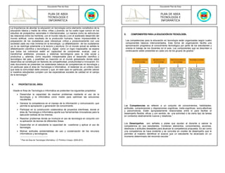 Documento Plan de Área                                                            Documento Plan de Área



                                           PLAN DE AREA                                                                       PLAN DE AREA
                                           TECNOLOGÍA E                                                                       TECNOLOGÍA E
                                           INFORMÁTICA                                                                        INFORMÁTICA

La importancia de abordar la educación en tecnología como elemento constitutivo de la
educación básica y media de niños, niñas y jóvenes, se ha vuelto lugar común en los
estudios de prospectiva nacionales e internacionales. La manera como se estructuran        5.    COMPONENTES PARA LA EDUCACIÓN EN TECNOLOGÍA.
las relaciones entre los hombres, con el mundo natural y con el acelerado desarrollo del
mundo artificial, como resultado de la producción humana, hacen imprescindible la
preparación de los ciudadanos para interactuar crítica y productivamente con una            Las competencias para la educación en tecnología están organizadas según cuatro
sociedad cada vez más inmersa en la tecnología. La alfabetización de los ciudadanos         componentes básicos interconectados. Esta forma de organización facilita una
ya no se restringe solamente a la lectura y escritura. En el mundo actual se señala la      aproximación progresiva al conocimiento tecnológico por parte de los estudiantes y
alfabetización científica y tecnológica y digital como un logro inaplazable; se espera      orienta el trabajo de los docentes en el aula. Los componentes que se describen a
que todos los individuos estén en capacidad de comprender, evaluar, usar y                  continuación están presentes en cada uno de los grupos de grados:1
transformar artefactos, procesos y sistemas tecnológicos para la vida social y
productiva y, además, como requisito indispensable para el desarrollo científico y
tecnológico del país, y posibilitar su inserción en el mundo globalizado donde estos
desarrollos se constituyen en factores de competitividad, productividad e innovación. En
este documento se presentan los estándares básicos de competencias en tecnología y
en particular para el área de Tecnología e Informática; el estándar es un criterio claro
que toda la comunidad debe conocer y que, en este caso en particular, permite valorar
si nuestros estudiantes cumplen con las expectativas sociales de calidad en el campo
de la tecnología.2



 4.    PROPÓSITOS DEL ÁREA

  Desde el Área de Tecnología e Informática se pretenden los siguientes propósitos:
         Desarrollar la capacidad de resolver problemas mediante el uso de la
         tecnología y la informática como medio para optimizar las soluciones
         resultantes.
         Generar la competencia en el manejo de la información y comunicación, que
         permita la apropiación y generación de conocimiento                               Las Competencias se refieren a un conjunto de conocimientos, habilidades,
                                                                                           actitudes, comprensiones y disposiciones cognitivas, meta-cognitivas, socio-afectivas
         Participar en la construcción colaborativa de proyectos interAreas, donde el
                                                                                           y psicomotoras. Están apropiadamente relacionadas entre sí para facilitar el
         área de Tecnología e Informática aporte sus herramientas innovadoras para la
                                                                                           desempeño flexible, eficaz y con sentido, de una actividad o de cierto tipo de tareas
         ejecución exitosa de los mismos.
                                                                                           en contextos relativamente nuevos y retadores.1
         Resolver problemas donde se involucre el uso de tecnología en conjunto con
         la aplicación de teorías de diferentes Áreas.
                                                                                           Los Desempeños son señales o pistas que ayudan al docente a valorar la
         Desarrollar en el estudiante la capacidad de cuestionar y aplicar el uso de
                                                                                           competencia en sus estudiantes. Contienen elementos, conocimientos, acciones,
         tecnología.
                                                                                           destrezas o actitudes deseables para alcanzar la competencia propuesta. Es así como
         Motivar actitudes ambientalistas de uso y conservación de los recursos            una competencia se hace evidente y se concreta en niveles de desempeño que le
         informáticos y tecnológicos.                                                      permiten al maestro identificar el avance que un estudiante ha alcanzado en un
                                                                                           momento determinado del recorrido escolar.1
         2
             Plan de Área de Tecnología Informática. I.E Primitivo Crespo. 2009-2010.
 
