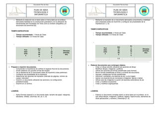 Documento Plan de Área                                                                   Documento Plan de Área



                                    PLAN DE AREA                                                                             PLAN DE AREA
                                    TECNOLOGÍA E                                                                             TECNOLOGÍA E
                                    INFORMÁTICA                                                                              INFORMÁTICA

       o   Mediante la redacción de un texto sobre un tema dado por el profesor,                o   Mediante la impresión de un documento demuestra conocimiento y habilidad
           demuestra habilidad en la construcción gramatical y en la utilización de                 para prepararlo antes de imprimirlo y configurar las propiedades de la
           herramientas del Procesador de Texto como la revisión ortográfica y el                   impresora [A, C, D]
           diccionario de sinónimos [D]

                                                                                             TIEMPO ESPECIFICOS
    TIEMPO ESPECIFICOS
                                                                                                o   Tiempo recomendado: 2 Horas de Clase
       o   Tiempo recomendado: 1 Horas de Clase                                                 o   Tiempo Utilizado: 0.5 Horas de Clase
       o   Tiempo Utilizado: 0.5 Horas de Clase


                                                                                                o
       o
                                                                                                                                                     Pr
                                                                                                                                   Act
                                                            Pr                                                 Fun                                   o
                                          Act                                                                                      ivi                                Otros(ex
                      Fun                                   o                                                  dam                                   ye
                                          ivi                                 Otros(ex                                             da                                 amenes,
                      dam                                   ye                                                 ento                                  ct
                                          da                                  amenes,                                              de                                   etc)
                      ento                                  ct                                                  s                                    o
                                          de                                    etc)                                                s
                       s                                    o                                                                                         s
                                           s
                                                             s
                                                                                                                                   0.5
                                          0.5

                                                                                         •   Elaborar documentos que contengan objetos.
•   Preparar e imprimir documentos.                                                             o Crear un dibujo sencillo utilizando las opciones de dibujo
       o Comprender la importancia de verificar el aspecto final de los documentos              o Modificar dibujos, imágenes y gráficos
       o Dividir palabras con guiones al final del renglón                                      o Utilizar las opciones de formas predefinidas (auto formas)
       o Ver la apariencia de un documento antes de imprimirlo (vista preliminar)               o Mover formas predefinidas al fondo o al frente del documento
       o Configurar las propiedades de la impresora                                             o Agrupar y desagrupar formas predefinidas
       o Seleccionar las opciones de impresión (intervalo de páginas, número de                 o Adicionar o actualizar una leyenda de pie, a una imagen
          copias, intercalar)                                                                   o Aplicar una leyenda de pie numerada a imágenes, figuras o tablas
       o Imprimir un documento utilizando las opciones y la configuración                       o Utilizar para las imágenes la opción de leyendas automáticas de pie
          predeterminadas                                                                       o Crear y modificar ecuaciones
       o Imprimir en un archivo                                                                 o Crear y modificar organigramas
       o                                                                                        o



    LOGROS:                                                                                  LOGROS:

       o   Aplica formato especial a un documento dado: tamaño del papel, márgenes,             o   Elabora un documento complejo sobre un tema dado por el profesor, en el
           tabulados, viñetas, columnas, etc. [A, C, D]                                             que utiliza dibujos, imágenes y gráficos; objetos; hipervínculos; elementos de
                                                                                                    otras aplicaciones; y sonidos y videoclips [C, D]
 