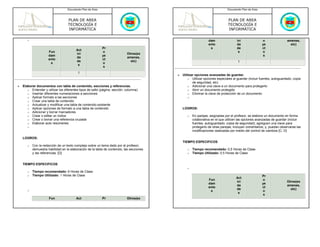 Documento Plan de Área                                                                     Documento Plan de Área



                                   PLAN DE AREA                                                                               PLAN DE AREA
                                   TECNOLOGÍA E                                                                               TECNOLOGÍA E
                                   INFORMÁTICA                                                                                INFORMÁTICA

       o                                                                                                         dam                 ivi               o                amenes,
                                                                                                                 ento                da                ye                 etc)
                                                            Pr                                                    s                  de                ct
                                         Act
                      Fun                                   o                                                                         s                o
                                         ivi                                 Otros(ex
                      dam                                   ye                                                                                          s
                                         da                                  amenes,
                      ento                                  ct
                                         de                                    etc)                                                  1
                       s                                    o
                                          s
                                                             s
                                          1
                                                                                           •   Utilizar opciones avanzadas de guardar.
                                                                                                   o Utilizar opciones especiales al guardar (incluir fuentes, autoguardado, copia
                                                                                                      de seguridad, etc)
•   Elaborar documentos con tabla de contenido, secciones y referencias.                           o Adicionar una clave a un documento para protegerlo
       o Entender y utilizar los diferentes tipos de salto (página, sección, columna)              o Abrir un documento protegido
       o Insertar diferentes numeraciones a secciones                                              o Eliminar la clave de protección de un documento
       o Aplicar formato a las secciones                                                          o
       o Crear una tabla de contenido
       o Actualizar y modificar una tabla de contenido existente
       o Aplicar opciones de formato a una tabla de contenido                                  LOGROS:
       o Adicionar y borrar marcadores
       o Crear o editar un índice                                                                 o   En parejas, asignadas por el profesor, se elabora un documento en forma
       o Crear o borrar una referencia cruzada                                                        colaborativa en el que utilicen las opciones avanzadas de guardar (incluir
       o Elaborar auto resúmenes                                                                      fuentes, autoguardado, copia de seguridad); agreguen una clave para
       o                                                                                              protegerlo de otras parejas; incluyan comentarios; y, puedan observarse las
                                                                                                      modificaciones realizadas por medio del control de cambios [C, D]

    LOGROS:
                                                                                               TIEMPO ESPECIFICOS
       o   Con la redacción de un texto complejo sobre un tema dado por el profesor,
           demuestra habilidad en la elaboración de la tabla de contenido, las secciones          o   Tiempo recomendado: 0,5 Horas de Clase
           y las referencias. [D]                                                                 o   Tiempo Utilizado: 0.5 Horas de Clase


    TIEMPO ESPECIFICOS
                                                                                                  o
       o   Tiempo recomendado: 6 Horas de Clase
       o   Tiempo Utilizado: 1 Horas de Clase                                                                                                          Pr
                                                                                                                                    Act
                                                                                                                 Fun                                   o
                                                                                                                                    ivi                                 Otros(ex
                                                                                                                 dam                                   ye
                                                                                                                                    da                                  amenes,
                                                                                                                 ento                                  ct
                                                                                                                                    de                                    etc)
       o                                                                                                          s                                    o
                                                                                                                                     s
                                                                                                                                                        s
                      Fun                Act                Pr               Otros(ex
 