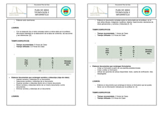 Documento Plan de Área                                                                      Documento Plan de Área



                                   PLAN DE AREA                                                                                PLAN DE AREA
                                   TECNOLOGÍA E                                                                                TECNOLOGÍA E
                                   INFORMÁTICA                                                                                 INFORMÁTICA

       o   Elaborar auto resúmenes                                                                o   Elabora un documento complejo sobre un tema dado por el profesor, en el
       o                                                                                              que utiliza dibujos, imágenes y gráficos; objetos; hipervínculos; elementos de
                                                                                                      otras aplicaciones; y sonidos y videoclips [C, D]

    LOGROS:
                                                                                               TIEMPO ESPECIFICOS
       o   Con la redacción de un texto complejo sobre un tema dado por el profesor,
           demuestra habilidad en la elaboración de la tabla de contenido, las secciones          o   Tiempo recomendado: 1 Horas de Clase
           y las referencias. [D]                                                                 o   Tiempo Utilizado: 0.5 Horas de Clase


    TIEMPO ESPECIFICOS
                                                                                                  o
       o   Tiempo recomendado: 6 Horas de Clase
       o   Tiempo Utilizado: 0.5 Horas de Clase                                                                                                         Pr
                                                                                                                                     Act
                                                                                                                 Fun                                    o
                                                                                                                                     ivi                                  Otros(ex
                                                                                                                 dam                                    ye
                                                                                                                                     da                                   amenes,
                                                                                                                 ento                                   ct
                                                                                                                                     de                                     etc)
       o                                                                                                          s                                     o
                                                                                                                                      s
                                                                                                                                                         s
                                                            Pr
                                         Act                                                                                         0.5
                      Fun                                   o
                                         ivi                                Otros(ex
                      dam                                   ye
                                         da                                 amenes,
                      ento                                  ct
                                         de                                   etc)
                       s                                    o                              •   Elaborar documentos que contengan formularios.
                                          s
                                                             s                                    o Crear un formulario a partir de una plantilla predeterminada
                                                                                                  o Crear y editar un formulario
                                         0.5
                                                                                                  o Utilizar las opciones de campo disponibles: texto, casilla de verificación, lista
                                                                                                     desplegable
                                                                                                  o
•   Elaborar documentos que contengan sonidos y videoclips (clips de video).
       o Insertar sonidos y videoclips en un documento
       o Seleccionar sonidos y videoclips de un documento                                      LOGROS:
       o Duplicar sonidos y videoclips dentro de un mismo documento
       o Mover sonidos y videoclips dentro de un mismo documento o entre                          o   Elabora un documento que contenga al menos un formulario que se pueda
          documentos                                                                                  llenar con la información indicada por el profesor [C, D]
       o Eliminar sonidos y videoclips de un documento
       o
                                                                                               TIEMPO ESPECIFICOS

    LOGROS:                                                                                       o   Tiempo recomendado: 2 Horas de Clase
                                                                                                  o   Tiempo Utilizado: 0.5 Horas de Clase
 