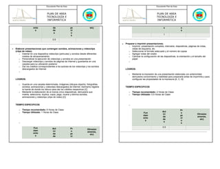 Documento Plan de Área                                                                      Documento Plan de Área



                                   PLAN DE AREA                                                                                PLAN DE AREA
                                   TECNOLOGÍA E                                                                                TECNOLOGÍA E
                                   INFORMÁTICA                                                                                 INFORMÁTICA

                      ento                da                ye                 etc)                                                   s                 o
                       s                  de                ct                                                                                          s
                                          s                 o
                                                             s                                                                        1

                                         0.5
                                                                                            •   Preparar e imprimir presentaciones.
                                                                                                   o Imprimir: presentación completa, intervalos, diapositivas, páginas de notas,
•   Elaborar presentaciones que contengan sonidos, animaciones y videoclips                           vistas de esquema, etc
    (clips de video).                                                                              o Seleccionar el formato adecuado y el número de copias
        o Insertar en una diapositiva videoclips (películas) y sonidos desde diferentes            o Agregar notas del orador
           medios de almacenamiento.                                                               o Cambiar la configuración de las diapositivas, la orientación y el tamaño del
        o Personalizar la ejecución de videoclips y sonidos en una presentación                       papel
        o Descargar videoclips y sonidos de páginas de Internet y guardarlos en una                o
           carpeta para su utilización posterior
        o Dar los créditos correspondientes a los autores de los videoclips y los sonidos
           descargados de Internet                                                              LOGROS:
       o
                                                                                                   o   Mediante la impresión de una presentación elaborada con anterioridad,
                                                                                                       demuestra conocimiento y habilidad para prepararla antes de imprimirla y para
    LOGROS:                                                                                            configurar las propiedades de la impresora [A, C, D]

       o   Guarda en una carpeta determinada, imágenes (dibujos-cliparts), fotografías,
           sonidos, animaciones y videoclips descargados de Internet. Asimismo registra         TIEMPO ESPECIFICOS
           la fuente de donde los obtuvo para dar los créditos respectivos [C]
       o   Mediante la elaboración de al menos cinco diapositivas, demuestra que                   o   Tiempo recomendado: 2 Horas de Clase
           inserta, selecciona, duplica, copia, pega, mueve y elimina sonidos,                     o   Tiempo Utilizado: 0.5 Horas de Clase
           animaciones y videoclips (clips de video) [C]


    TIEMPO ESPECIFICOS                                                                             o

       o   Tiempo recomendado: 6 Horas de Clase                                                                                                         Pr
       o   Tiempo Utilizado: 1 Horas de Clase                                                                                        Act
                                                                                                                  Fun                                   o
                                                                                                                                     ivi                                Otros(ex
                                                                                                                  dam                                   ye
                                                                                                                                     da                                 amenes,
                                                                                                                  ento                                  ct
                                                                                                                                     de                                   etc)
                                                                                                                   s                                    o
                                                                                                                                      s
       o                                                                                                                                                 s

                      Fun                                                                                                            0.5
                                         Act                Pr               Otros(ex
                      dam                ivi                o                amenes,
                      ento               da                 ye                 etc)
                       s                 de                 ct
 