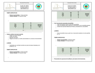 Documento Plan de Área                                                                 Documento Plan de Área



                                   PLAN DE AREA                                                                           PLAN DE AREA
                                   TECNOLOGÍA E                                                                           TECNOLOGÍA E
                                   INFORMÁTICA                                                                            INFORMÁTICA

                                                                                                                                                   Pr
    TIEMPO ESPECIFICOS                                                                                                          Act
                                                                                                            Fun                                    o
                                                                                                                                ivi                                 Otros(ex
                                                                                                            dam                                    ye
           Tiempo recomendado: 1 Horas de Clase                                                                                 da                                  amenes,
       o                                                                                                    ento                                   ct
           Tiempo Utilizado: 0.5 Horas de Clase                                                                                 de                                    etc)
       o                                                                                                     s                                     o
                                                                                                                                 s
                                                                                                                                                    s
                                                                                                                                0.5
       o


                                                            Pr                        •   Usar las opciones avanzadas de plantillas.
                                         Act
                      Fun                                   o                               o Crear documentos a partir de todo tipo de plantillas
                                         ivi                               Otros(ex
                      dam                                   ye                              o Crear una plantilla nueva a partir de un documento o de una plantilla existente
                                         da                                amenes,
                      ento                                  ct                              o Cambiar las opciones básicas de formato y composición en una plantilla
                                         de                                  etc)
                       s                                    o                                o
                                          s
                                                             s
                                         0.5
                                                                                          LOGROS:

                                                                                             o   Crea una plantilla nueva a partir de un documento existente o de otra plantilla
•   Grabar y utilizar una macro sencilla.                                                        [C, D]
       o Grabar una macro sencilla
       o Copiar una macro
       o Ejecutar una macro                                                               TIEMPO ESPECIFICOS
       o Asignar una macro a un botón personalizado en una barra de herramientas
       o                                                                                     o   Tiempo recomendado: 4 Horas de Clase
                                                                                             o   Tiempo Utilizado: 0.5 Horas de Clase

    LOGROS:

       o   Automatiza con una Macro sencilla una serie de tareas indicadas por el            o
           profesor [C, D]
                                                                                                                                                   Pr
                                                                                                                                Act
                                                                                                            Fun                                    o
    TIEMPO ESPECIFICOS                                                                                                          ivi                                 Otros(ex
                                                                                                            dam                                    ye
                                                                                                                                da                                  amenes,
                                                                                                            ento                                   ct
           Tiempo recomendado: 2 Horas de Clase                                                                                 de                                    etc)
       o                                                                                                     s                                     o
           Tiempo Utilizado: 0.5 Horas de Clase                                                                                  s
       o                                                                                                                                            s
                                                                                                                                0.5

       o
                                                                                      •   Personalizar las opciones del software y las barras de herramientas.
 