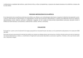 cotidianidad o realidad del entorno, para formar niños y niñas competentes y capaces de desenvolverse en los distintos campos de
la vida diaria.
PROCESOS METODOLÓGICOS DE ARTÍSTICA
En el desarrollo de la enseñanza del área de artística se utilizara una metodología orientada a respetar la libertad de expresión socio-
cultural, estimulando la efectividad y la originalidad a través de la practica espontánea y creativa de diferentes técnicas artísticas
desarrolladas como: rellenos, pinturas, modelado, rasgado, en los cuales los educandos desarrollaran procesos sensorio motriz e
intelectual del individuo conociendo y afianzando colores, formas y tamaños.
EVALUACION
Se tendrá en cuenta como fundamento los logros propuestos en el presente plan de áreas con los parámetros estipulados en la resolución 0230
del 2002.
Para este proceso de evaluación del área de artística se miraran los saberes previos de los alumnos, donde a él educando se le dan los espacios
de expresar libremente sus ideas, su creatividad e imaginación para poder desarrollar sus procesos cognitivos, motores y otros que hacen parte
de su desarrollo integral.
 