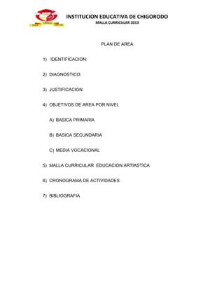 INSTITUCION EDUCATIVA DE CHIGORODO
                       MALLA CURRICULAR 2013




                         PLAN DE AREA


1) IDENTIFICACION:


2) DIAGNOSTICO:


3) JUSTIFICACION


4) OBJETIVOS DE AREA POR NIVEL


  A) BASICA PRIMARIA


  B) BASICA SECUNDARIA


  C) MEDIA VOCACIONAL


5) MALLA CURRICULAR EDUCACION ARTIASTICA


6) CRONOGRAMA DE ACTIVIDADES


7) BIBLIOGRAFIA
 