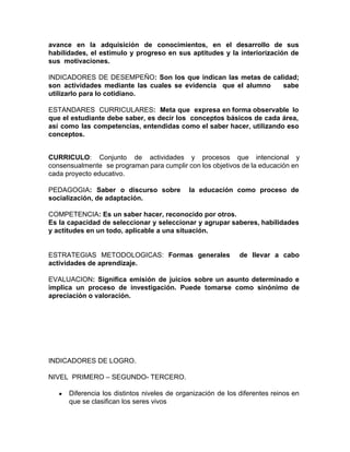 avance en la adquisición de conocimientos, en el desarrollo de sus
habilidades, el estímulo y progreso en sus aptitudes y la interiorización de
sus motivaciones.
INDICADORES DE DESEMPEÑO​: Son los que indican las metas de calidad;
son actividades mediante las cuales se evidencia que el alumno sabe
utilizarlo para lo cotidiano.
ESTANDARES CURRICULARES​: Meta que expresa en forma observable lo
que el estudiante debe saber, es decir los conceptos básicos de cada área,
así como las competencias, entendidas como el saber hacer, utilizando eso
conceptos.
CURRICULO​: Conjunto de actividades y procesos que intencional y
consensualmente se programan para cumplir con los objetivos de la educación en
cada proyecto educativo.
PEDAGOGIA​: Saber o discurso sobre la educación como proceso de
socialización, de adaptación.
COMPETENCIA​: Es un saber hacer, reconocido por otros.
Es la capacidad de seleccionar y seleccionar y agrupar saberes, habilidades
y actitudes en un todo, aplicable a una situación.
ESTRATEGIAS METODOLOGICAS: Formas generales de llevar a cabo
actividades de aprendizaje.
EVALUACION​: Significa emisión de juicios sobre un asunto determinado e
implica un proceso de investigación. Puede tomarse como sinónimo de
apreciación o valoración.
INDICADORES DE LOGRO.
NIVEL PRIMERO – SEGUNDO- TERCERO.
● Diferencia los distintos niveles de organización de los diferentes reinos en
que se clasifican los seres vivos
 