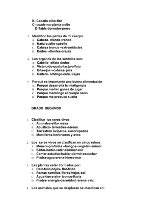 B- Caballo-niño-flor
C- cuaderno-planta-pollo
D-Tabla-borrador-perro
3. Identifico las partes de mi cuerpo
A. Cabeza- manos-tronco
B. Nariz-cuello-cabello
C. Cabeza tronco –extremidades
D. Dedos –dientes-orejas
4. Los órganos de los sentidos son:
A. Cabello- olfato-dedos
B. Vista-oído-gusto-tacto-olfato
C. Uña-ojos –cabeza- pies
D. Cadera- ombligo-cara. Cejas
5. Porqué es importante una buena alimentación
A. Porqué desarrolla la inteligencia
B. Porque medan ganas de jugar
C. Porque mantengo el cuerpo sano
D. Porque me produce sueño
GRADO SEGUNDO
1. Clasifico los seres vivos
A. Animales-silla- mesa
B. Acuático- terrestres-aéreos
C. Terrestres ovíparos- cuadrúpedos
D. Mamíferos-herbívoros y aves
2. Los seres vivos se clasifican en cinco reinos
A. Mónera-protistas –hongos- vegetal- animal
B. Saltar-nadar-volar-caminar-reír
C. Comer-estudiar-hablar-dormir-escuchar
D. Piedra-agua-arena-hierro-mar
3. Las plantas están formadas por:
A. Raíz-tallo-hojas- flor-fruto
B. Ramas-semillas-flores-hojas-sol
C. Agua-tierra-aire- tronco-lluvia
D. Piedra- energía-oscuridad -arena- raíz
4. Los animales que se desplazan se clasifican en:
 