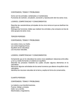 CONTENIDOS, TEMAS Y PROBLEMAS
Como son los animales: vertebrados e invertebrados
Funciones de nutrición, circulación, excreción y reproducción den los seres vivos.
LOGROS, COMPETENCIAS Y CONOCIMIENTOS
Describe las características principales de los cinco reinos en que se clasifican los
seres vivos.
Distingue las funciones vitales que realizan los animales y las compara con las de
otros grupos de seres vivos.
TERCER PERÍODO
CONTENIDOS, TEMAS Y PROBLEMAS
Los seres vivos y su medio.
Los ciclos biogeoquímicos.
Equilibrio de la naturaleza
Los recursos naturales.
LOGROS, COMPETENCIAS Y CONOCIMIENTOS
Comprende que en la naturaleza los seres vivos establecen relaciones entre ellos
y con su medio formando un sistema en equilibrio.
Describe los procesos mediante los cuales circulan algunos elementos en la
naturaleza.
Reconoce algunas actividades de los seres humanos que alteran el equilibrio de la
naturaleza.
Identifica los recursos naturales de la tierra y explica la forma de conservarlos.
CUARTO PERÍODO
CONTENIDOS, TEMAS Y PROBLEMAS
La materia y sus transformaciones.
Fuerza, trabajo y energía.
Calor, luz y sonido.
Electricidad y magnetismo.
 