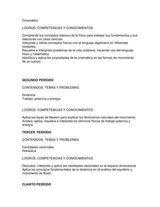 Cinemática
LOGROS, COMPETENCIAS Y CONOCIMIENTOS
Comprende los conceptos básicos de la física para trabajar sus fundamentos y sus
relaciones con otras ciencias
Interpreta y utiliza conceptos físicos con el lenguaje algebraico en diferentes
contextos.
Resuelve e interpreta problemas de la vida cotidiana, haciendo uso del lenguaje
físico y matemático
Identifica y aplica las propiedades de la cinemática en las formas de movimiento
de un cuerpo
SEGUNDO PERIODO
CONTENIDOS, TEMAS Y PROBLEMAS
Dinámica
Trabajo, potencia y energía
LOGROS, COMPETENCIAS Y CONOCIMIENTOS
Aplica las leyes de Newton para explicar los fenómenos naturales del movimiento
Analiza, aplica, resuelve e interpreta los términos físicos de trabajo potencia y
energía.
TERCER PERIODO
CONTENIDOS, TEMAS Y PROBLEMAS
Cantidades vectoriales
Hidráulica
LOGROS, COMPETENCIAS Y CONOCIMIENTOS
Descubre, interpreta y aplica las cantidades vectoriales en el espacio dimensional
Aplica los principios fundamentales de la dinámica en el análisis del equilibrio y
movimiento de fluido.
CUARTO PERÍODO
 