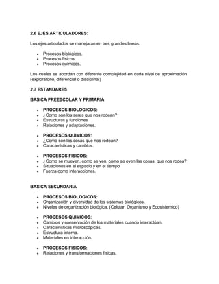2.6 EJES ARTICULADORES:
Los ejes articulados se manejaran en tres grandes lineas:
● Procesos biológicos.
● Procesos físicos.
● Procesos químicos.
Los cuales se abordan con diferente complejidad en cada nivel de aproximación
(exploratorio, diferencial o disciplinal)
2.7 ESTANDARES
BASICA PREESCOLAR Y PRIMARIA
● PROCESOS BIOLOGICOS:
● ¿Como son los seres que nos rodean?
● Estructuras y funciones
● Relaciones y adaptaciones.
● PROCESOS QUIMICOS:
● ¿Como son las cosas que nos rodean?
● Características y cambios.
● PROCESOS FISICOS:
● ¿Como se mueven, como se ven, como se oyen las cosas, que nos rodea?
● Situaciones en el espacio y en el tiempo
● Fuerza como interacciones.
BASICA SECUNDARIA
● PROCESOS BIOLOGICOS:
● Organización y diversidad de los sistemas biológicos.
● Niveles de organización biológica. (Celular, Organismo y Ecosistemico)
● PROCESOS QUIMICOS:
● Cambios y conservación de los materiales cuando interactúan.
● Características microscópicas.
● Estructura interna.
● Materiales en interacción.
● PROCESOS FISICOS:
● Relaciones y transformaciones físicas.
 