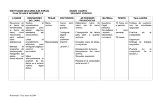 INSTITUCION EDUCATIVA SAN RAFAEL GRADO CUARTO
PLAN DE AREA INFORMATICA SEGUNDO PERIODO
LOGROS INDICADORES
DE LOGRO
TEMAS CONTENIDOS ACTIVIDADES
PEDAGÓGICAS
MATERIAL TIEMPO EVALUACIÓN
Reconocer en
la barra de
herramientas
la barra de
menú como
instrumento
para realizar
otras
aplicaciones
Manejar el
programa de
mecanografía
trabajando los
dedos en
forma eficiente
Realiza el
procedimiento
adecuado para
utilizar algunos
elementos del
menú archivo.
Utiliza el
procedimiento
adecuado para
configurar pagina e
imprimir un
documento
Ubica
adecuadamente la
posición de los
dedos en el teclado
cuando digita
textos
Menú
Archivo
Mecanografía
Nuevo, abrir,
cerrar,
guardar,
Configurar
pagina
Vista
preliminar
Imprimir
Lección 2
Elaboración barra de
menú con el menú
archivo.
Consignación de teoría
para abrir y guardar
archivos.
Consulta, sopa de letras,
crucigramas.
Consignación de teoría,
Manipulación del menú
archivo.
Consulta, exposición
Practica en el computador
de la lección 2
Cuaderno,
Papel
periódico
Computador
Lapicero
Marcadores
impresora
10 horas en
el periodo.
1 hora
semanal.
10 clases.
Entrega de cuaderno
con las actividades
asignadas
Practica en el
computador
Exposición
Entrega de trabajos
asignados.
Practica en el
computador de la
lección 2
Reformado 15 de enero de 2009
 