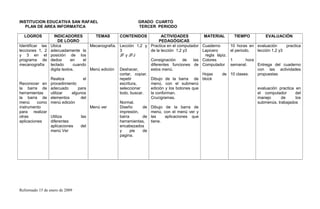 INSTITUCION EDUCATIVA SAN RAFAEL GRADO CUARTO
PLAN DE AREA INFORMATICA TERCER PERIODO
LOGROS INDICADORES
DE LOGRO
TEMAS CONTENIDOS ACTIVIDADES
PEDAGÓGICAS
MATERIAL TIEMPO EVALUACIÓN
Identificar las
lecciones 1, 2
y 3 en el
programa de
mecanografía
Reconocer en
la barra de
herramientas
la barra de
menú como
instrumento
para realizar
otras
aplicaciones
Ubica
adecuadamente la
posición de los
dedos en el
teclado cuando
digita textos.
Realiza el
procedimiento
adecuado para
utilizar algunos
elementos del
menú edición
Utiliza las
diferentes
aplicaciones del
menú Ver
Mecanografía.
Menú edición
Menú ver
Lección 1,2 y
3
JF y JFJ
Deshacer,
cortar, copiar,
repetir
escritura,
seleccionar
todo, buscar.
Normal.
Diseño de
impresión,
barra de
herramientas,
encabezados
y pie de
pagina.
Practica en el computador
de la lección 1,2 y3
Consignación de las
diferentes funciones de
estos menú.
Dibujo de la barra de
menú, con el submenú
edición y los botones que
la conforman.
Crucigramas.
Dibujo de la barra de
menú, con el menú ver y
las aplicaciones que
tiene.
Cuaderno
Lapicero
regla lápiz.
Colores
Computador
Hojas de
block
10 horas en
el periodo.
1 hora
semanal.
10 clases.
evaluación practica
lección 1,2 y3
Entrega del cuaderno
con las actividades
propuestas
evaluación practica en
el computador del
manejo de los
submenús. trabajados
Reformado 15 de enero de 2009
 