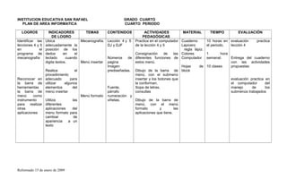 INSTITUCION EDUCATIVA SAN RAFAEL GRADO CUARTO
PLAN DE AREA INFORMATICA CUARTO PERIODO
LOGROS INDICADORES
DE LOGRO
TEMAS CONTENIDOS ACTIVIDADES
PEDAGÓGICAS
MATERIAL TIEMPO EVALUACIÓN
Identificar las
lecciones 4 y 5
en el
programa de
mecanografía
Reconocer en
la barra de
herramientas
la barra de
menú como
instrumento
para realizar
otras
aplicaciones
Ubica
adecuadamente la
posición de los
dedos en el
teclado cuando
digita textos.
Realiza el
procedimiento
adecuado para
utilizar algunos
elementos del
menú insertar
Utiliza las
diferentes
aplicaciones del
menu formato para
cambiar de
apariencia a un
texto
Mecanografía.
Menú insertar
Menú formato
Lección 4 y 5
DJ y DJF
Números de
pagina
Imagen
prediseñadas.
Fuente,
párrafo
numeración y
viñetas.
Practica en el computador
de la lección 4 y 5
Consignación de las
diferentes funciones de
estos menú.
Dibujo de la barra de
menú, con el submenú
insertar y los botones que
la conforman.
Sopa de letras.
consultas
Dibujo de la barra de
menú, con el menú
formato y las
aplicaciones que tiene.
Cuaderno
Lapicero
regla lápiz.
Colores
Computador
Hojas de
block
10 horas en
el periodo.
1 hora
semanal.
10 clases.
evaluación practica
lección 4
Entrega del cuaderno
con las actividades
propuestas
evaluación practica en
el computador del
manejo de los
submenús trabajados
Reformado 15 de enero de 2009
 