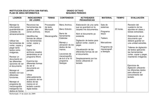 INSTITUCION EDUCATIVA SAN RAFAEL GRADO OCTAVO
PLAN DE AREA INFORMATICA SEGUNDO PERIODO
LOGROS INDICADORES
DE LOGRO
TEMAS CONTENIDOS ACTIVIDADES
PEDAGÓGICAS
MATERIAL TIEMPO EVALUACIÓN
Manejar la
información
guardándola en
unidades de
almacenamiento
.
Utilizar las
herramientas de
cortar, copiar y
pegar tanto
textos como
imágenes.
Revisar un
documento en
las diferentes
opciones de ver
el documento.
Manejar el
teclado con sus
diferentes
funciones.
Manejar el
programa de
mecanografía
trabajando los
dedos en forma
Reconoce las
herramientas de
guardar, abrir,
cerrar archivos.
Identifica las
formas de utilizar
las herramientas
cortar, copiar y
pegar
Opera los
archivos creados
abriéndolos en el
programa Word.
Examina las
diferentes formas
de ver el
documento en
pantalla
Ubica
adecuadamente
la posición de los
dedos de las
manos en el
teclado cuando
digita textos
Procesador
de texto
Microsoft
Word
Mecanografía
Menú Archivo.
Menú Edición.
Barra de
herramienta
Estándar.
Manejo y
ubicación de los
dedos de las
manos.
Lecciones de
mecanografía
de la 6 a la 10
programa
Sestype
Elaboración de una carta
que se guardará en la
carpeta mis documentos.
Abrir el documento ya
existente
Digitación de textos para
aplicar cortar, copiar y
pegar.
Visualización de las
diferentes formas de ver
el documento.
Desplazamiento por los
textos utilizando el
teclado
Sala de
sistemas
Programa
Word
Tablero
Marcadores
Programa de
mecanografí
a Sestype.
20 horas.
Revisión del
cuaderno de los
apuntes en clase y
tareas extraclase.
Elaboración de un
documento que
deberá guardar en
una unidad extraíble.
Talleres de digitación
de textos aplicando
las herramientas
cortar, copiar y pegar,
insertando imágenes.
Ejercicios de
digitación utilizando
los diferentes dedos
para afianzar el
conocimiento del
teclado
Reformado 15 de enero de 2009
 