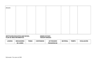eficiente
INSTITUCION EDUCATIVA SAN RAFAEL GRADO OCTAVO
PLAN DE AREA INFORMATICA TERCER PERIODO
LOGROS INDICADORES
DE LOGRO
TEMAS CONTENIDOS ACTIVIDADES
PEDAGÓGICAS
MATERIAL TIEMPO EVALUACIÓN
Reformado 15 de enero de 2009
 