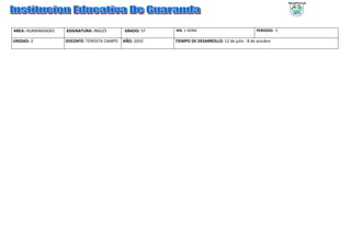 AREA: HUMANIDADES   ASIGNATURA: INGLÉS        GRADO: 5º   IHS: 1 HORA                              PERIODO: 3

UNIDAD: 3           DOCENTE: TERESITA CAMPO   AÑO: 2010   TIEMPO DE DESARROLLO: 12 de julio - 8 de octubre
 