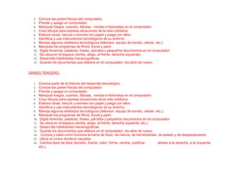 2. Conoce las partes físicas del computador.
3. Prende y apaga un computador.
4. Manipula fuegos, cuentos, fábulas, rondas e historietas en el computador.
5. Crea dibujos para expresa situaciones de la vida cotidiana.
6. Elabora ranas, barcos y aviones con papel y juega con ellos.
7. Identifica y usa instrumentos tecnológicos de su entorno.
8. Maneja algunos artefactos tecnológicos (televisor, equipo de sonido, celular, etc.).
9. Manipula los programas de Word, Excel y paint.
10. Digita fonemas, palabras, frases, párrafos y pequeños documentos en el computador.
11. Se ubica en el espacio (arriba, abajo, al frente, derecha izquierda).
12. Desarrolla habilidades mecanográficas.
13. Guarda los documentos que elabora en el computador, los abre de nuevo.
GRADO TERCERO.
1. Conoce parte de la historia del desarrollo tecnológico.
2. Conoce las partes físicas del computador.
3. Prende y apaga un computador.
4. Manipula fuegos, cuentos, fábulas, rondas e historietas en el computador.
5. Crea dibujos para expresa situaciones de la vida cotidiana.
6. Elabora ranas, barcos y aviones con papel y juega con ellos.
7. Identifica y usa instrumentos tecnológicos de su entorno.
8. Maneja algunos artefactos tecnológicos (televisor, equipo de sonido, celular, etc.).
9. Manipula los programas de Word, Excel y paint.
10. Digita fonemas, palabras, frases, párrafos y pequeños documentos en el computador.
11. Se ubica en el espacio (arriba, abajo, al frente, derecha izquierda, etc.).
12. Desarrolla habilidades mecanográficas.
13. Guarda los documentos que elabora en el computador, los abre de nuevo.
14. Conoce y sabe como funciona la barra de título, de menús, de herramientas, de estado y de desplazamiento.
15. Ubica el cursor donde lo necesita.
16. Cambia tipos de letra (tamaño, fuente, color, forma, centrar, justificar, alinear a la derecha, a la izquierda
etc.).
 