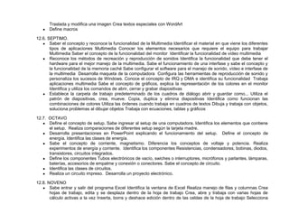 Traslada y modifica una imagen Crea textos especiales con WordArt
● Define macros
12.6. SEPTIMO.
● Saber el concepto y reconoce la funcionalidad de la Multimedia Identificar el material en que viene los diferentes
tipos de aplicaciones Multimedia Conocer los elementos necesarios que requiere el equipo para trabajar
Multimedia Saber el concepto de la funcionalidad del monitor Identificar la funcionalidad de vídeo multimedia
● Reconoce los métodos de recreación y reproducción de sonidos Identifica la funcionalidad que debe tener el
hardware para el mejor manejo de la multimedia. Sabe el funcionamiento de una interfase y sabe el concepto y
la funcionalidad de la memoria caché Sabe configurar el software para el manejo de sonido, vídeo e interfase de
la multimedia Desarrolla maqueta de la computadora Configura las herramientas de reproducción de sonido y
personaliza los sucesos de Windows. Conoce el concepto de IRQ y DMA e identifica su funcionalidad Trabaja
aplicaciones multimedia Sabe el concepto de gráficos, explica la representación de los colores en el monitor
Identifica y utiliza los comandos de abrir, cerrar y grabar diapositivas
● Establece la carpeta de trabajo predeterminado de los cuadros de diálogo abrir y guardar como... Utiliza el
patrón de diapositivas, crea, mueve. Copia, duplica y elimina diapositivas Identifica como funcionan las
combinaciones de colores Utiliza las órdenes cuando trabaja en cuadros de textos Dibuja y trabaja con objetos,
soluciona problemas al dibujar objetos Trabaja con ecuaciones, tablas y gráficos
12.7. OCTAVO
● Define el concepto de setup. Sabe ingresar al setup de una computadora. Identifica los elementos que contiene
el setup. Realiza comparaciones de diferentes setup según la tarjeta madre.
● Desarrolla presentaciones en PowerPoint explicando el funcionamiento del setup. Define el concepto de
energía. Identifica las clases de energía.
● Sabe el concepto de corriente, magnetismo. Diferencia los conceptos de voltaje y potencia. Realiza
experimentos de energía y corriente. Identifica los componentes Resistencias, condensadores, bobinas, diodos,
transistores, circuitos integrados.
● Define los componentes Tubos electrónicos de vacío, swiches o interruptores, micrófonos y parlantes, lámparas,
baterías, accesorios de empalme y conexión o conectores. Sabe el concepto de circuito.
● Identifica las clases de circuitos.
● Realiza un circuito impreso. Desarrolla un proyecto electrónico.
12.8. NOVENO
● Sabe entrar y salir del programa Excel Identifica la ventana de Excel Realiza manejo de filas y columnas Crea
hojas de trabajo, edita y se desplaza dentro de la hoja de trabajo Crea, abre y trabaja con varias hojas de
cálculo activas a la vez Inserta, borra y deshace edición dentro de las celdas de la hoja de trabajo Selecciona
 