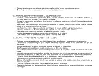 ● Expresa artísticamente sus fantasías, sentimientos y la intuición en sus expresiones artísticas.
● Crea dibujos y relatos para expresar situaciones de la vida cotidiana.
13.2. PRIMERO, SEGUNDO Y TERCERO DE LA EDUCACIÓN BÁSICA.
● Identifica y usa instrumentos tecnológicos de su entorno inmediato constituidos por artefactos, sistemas y
procesos, tales como sanitario – cuarto de baño – higiene.
● Emplea los instrumentos tecnológicos de su entorno inmediato de acuerdo con la función tecnológica propia de
cada uno de ellos.
● Relaciona la función tecnología de un artefacto dentro de un sistema, como cuchillo – cortar y de un sistema
dentro de un contexto, como cocina – hogar.
● Identifica en su entorno algunos problemas tecnológicos de la vida cotidiana y propone soluciones.
● Consigue información en diversas fuentes y las organiza con sus experiencias e intereses.
● Explica funciones de algunos artefactos tecnológicos que utiliza a diario.
● Imagina, juega y experimenta con instrumentos tecnológicos de su entorno.
● Comunica sus ideas en forma escrita, oral, gráfica o corporal entre otras.
13.3. CUARTO, QUINTO Y SEXTO DE LA EDUCACIÓN BÁSICA.
● Distingue problemas sociales que son objeto de soluciones tecnológicas y propone opciones al respecto.
● Diferencia la función tecnológica que cumplen diferentes espacios dentro de los ambientes en que se
encuentran.
● Efectúa reparaciones de objetos sencillos, a partir de un plan que ha establecido.
● Clasifica y usa materiales básicos para la construcción de diferentes objetos.
● Desarrolla proyectos sencillos y participa en la gestión colectiva de proyectos, basado en una metodología de
diseño.
● Interpreta representaciones simbólicas sencillas de elementos que conforman sistemas, en campos como la
electricidad, la mecánica, la hidráulica, entre otros, de acuerdo con las convenciones establecidas culturalmente.
● Utiliza de manera apropiada los recursos de su entorno para la solución de problemas tecnológicos.
● Explica funciones de instrumentos tecnológicos de su vida cotidiana.
● Obtiene información proveniente de diversas fuentes, la procesa y la relaciona con otros conocimientos y
procesos adquiridos.
● Organiza la información adquirida y la procesa con los medios a su alcance.
● Establece relaciones con las demás áreas del conocimiento para explicar y generar soluciones a problemas
tecnológicos.
 